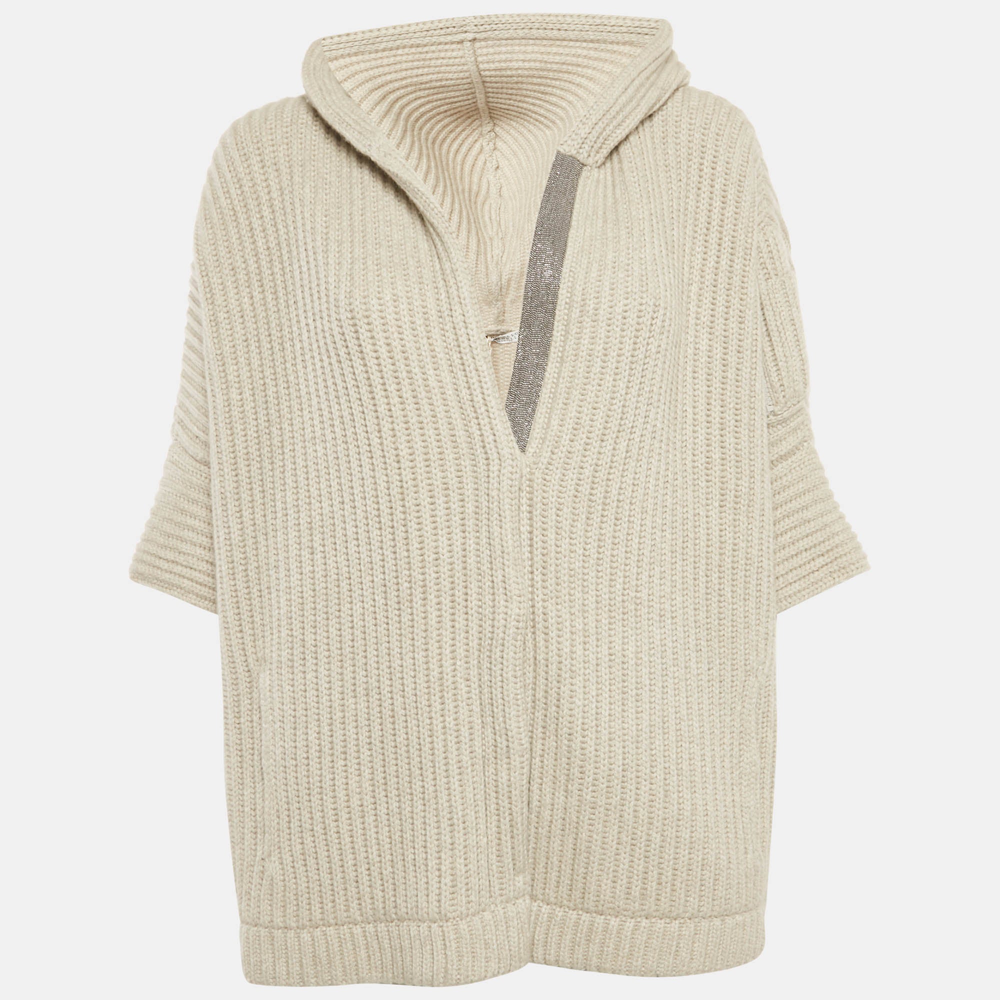 Brunello Cucinelli Grey Cashmere Rib Monile Hooded Cardigan S