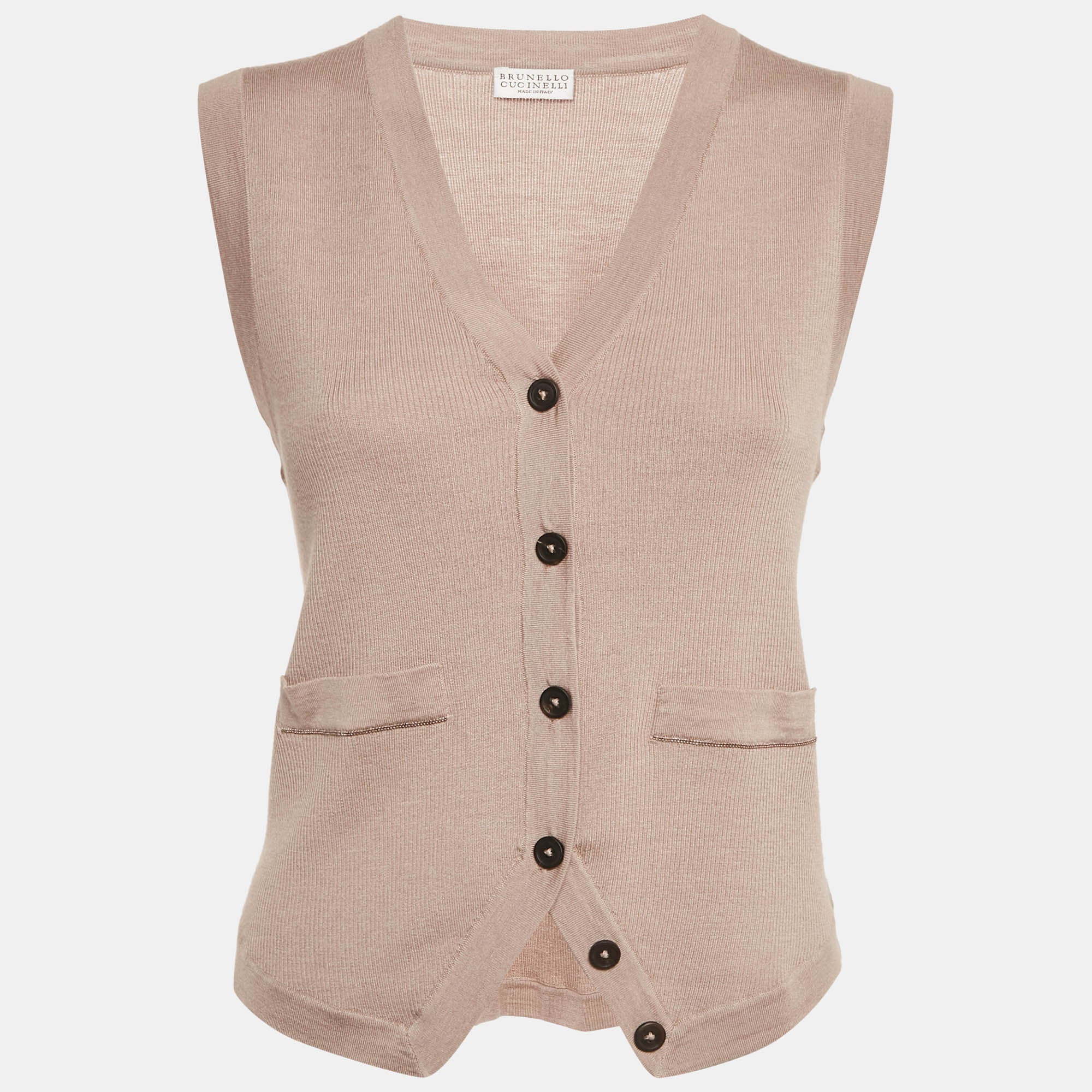 Brunello Cucinelli Beige Rib Knit Sleeveless Monili Bead Detail Cardigan S