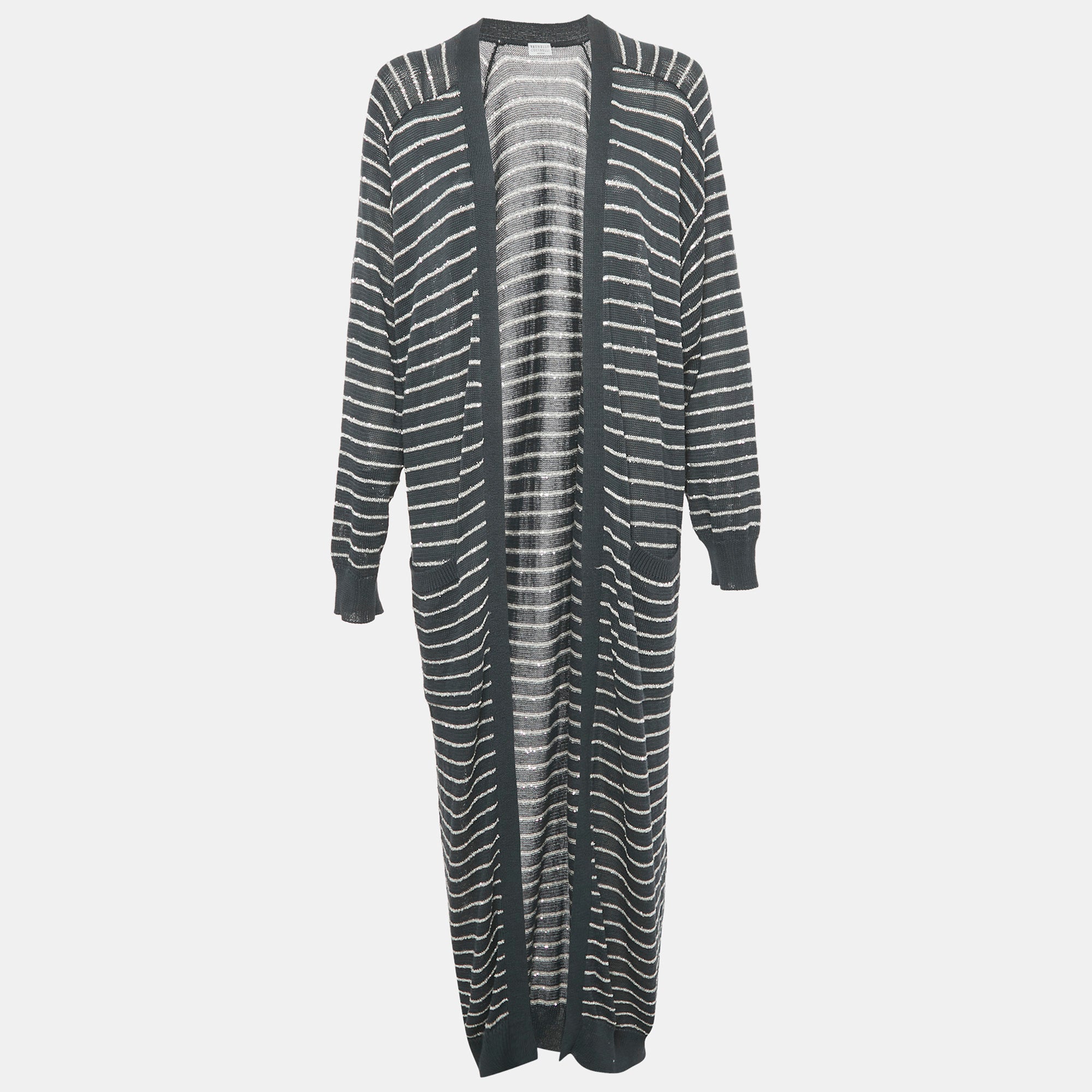 Brunello Cucinelli Grey Striped Cotton Sequin Long Cardigan L