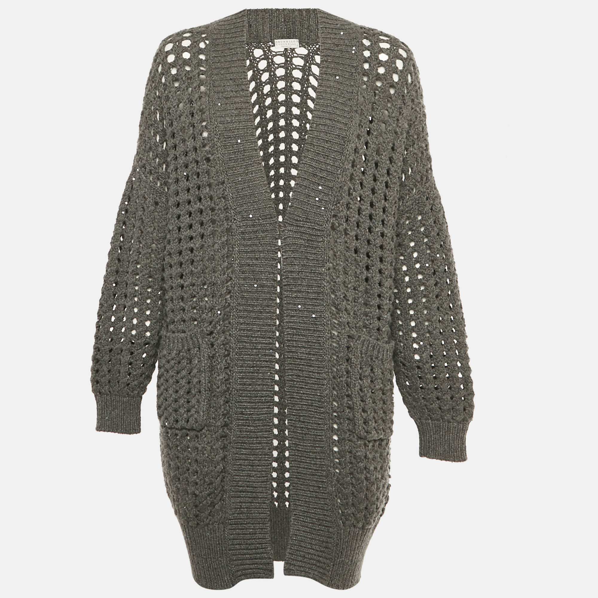Brunello Cucinelli Grey Sequin Open Knit Cardigan S