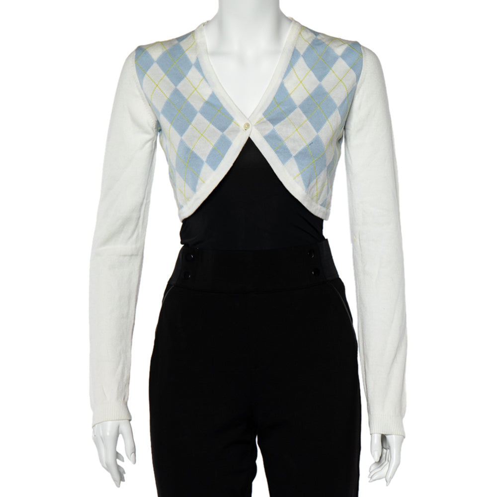 Burberry White Argyle Cotton Knit Cropped Cardigan S