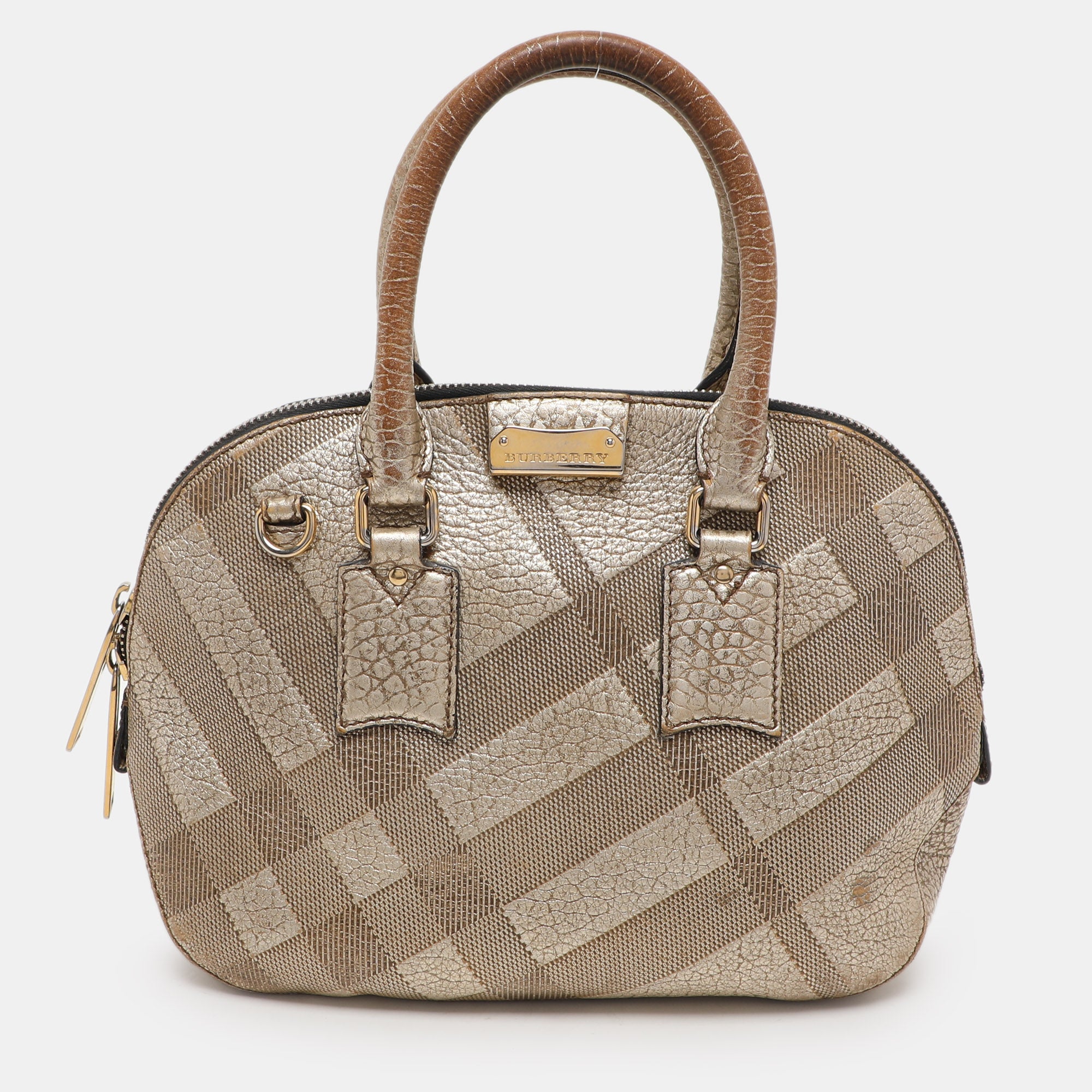 Burberry Gold Heritage Grain Check Embossed Leather Orchard Bowling Bag