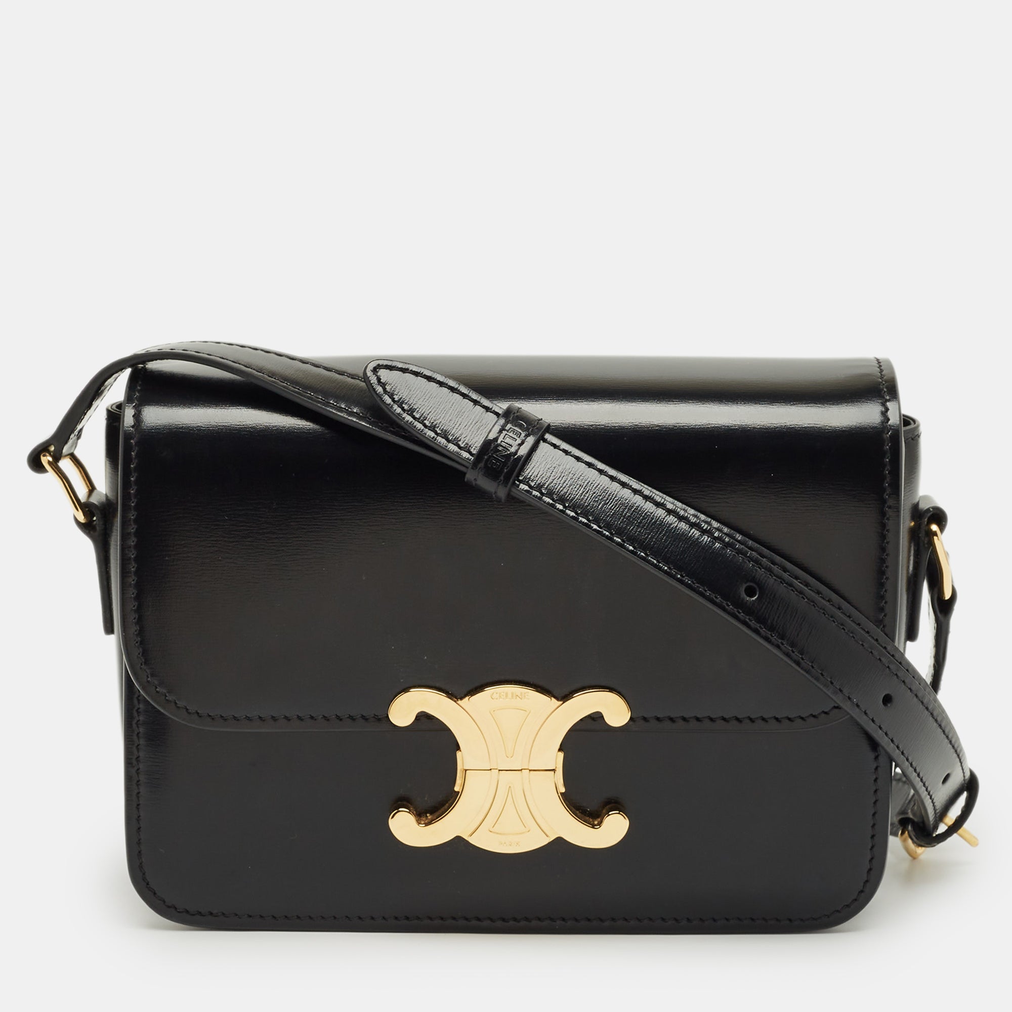 Celine Black Glossy Leather Teen Triomphe Shoulder Bag