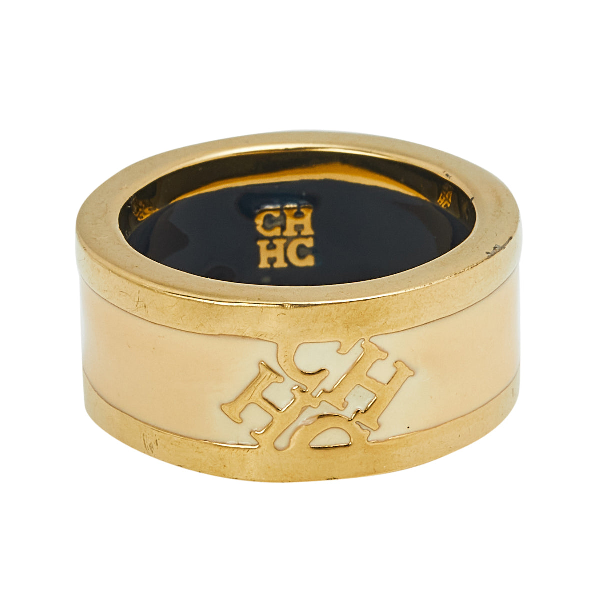 CH Carolina Herrera Cream Enamel Gold Tone Band Ring Size EU 55