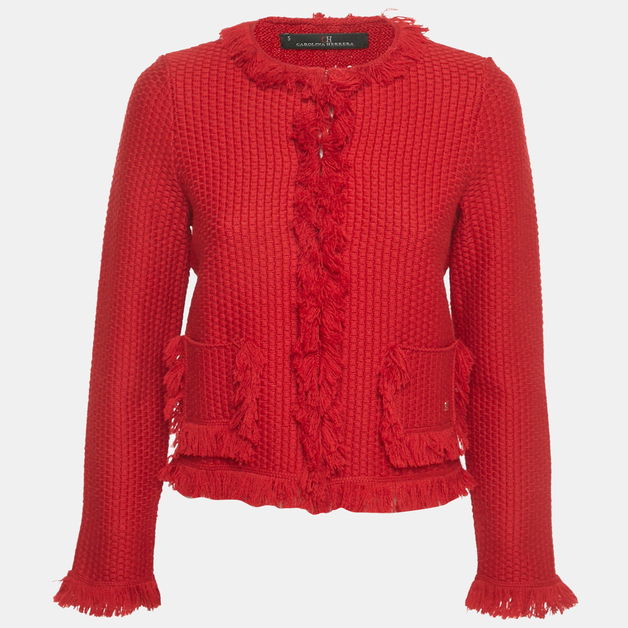 CH Carolina Herrera Red Wool Blend Fringe Detail Cardigan S