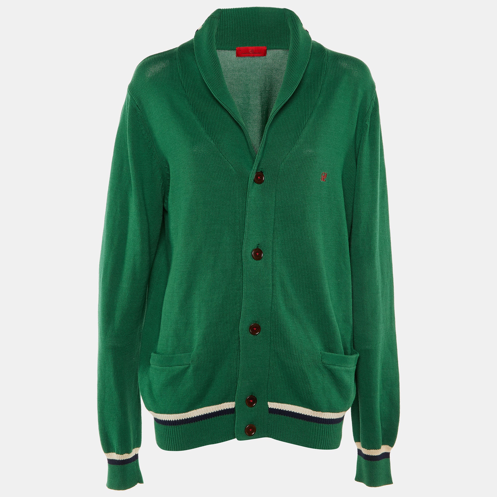 CH Carolina Herrera Green Logo Cotton Knit Button Front Cardigan L