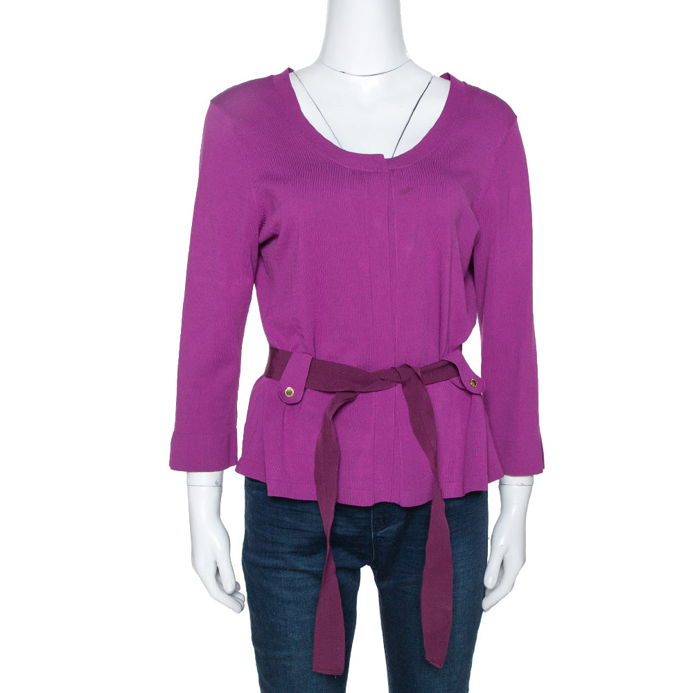CH Carolina Herrera Fuschia Stretch Knit Belted Cardigan L