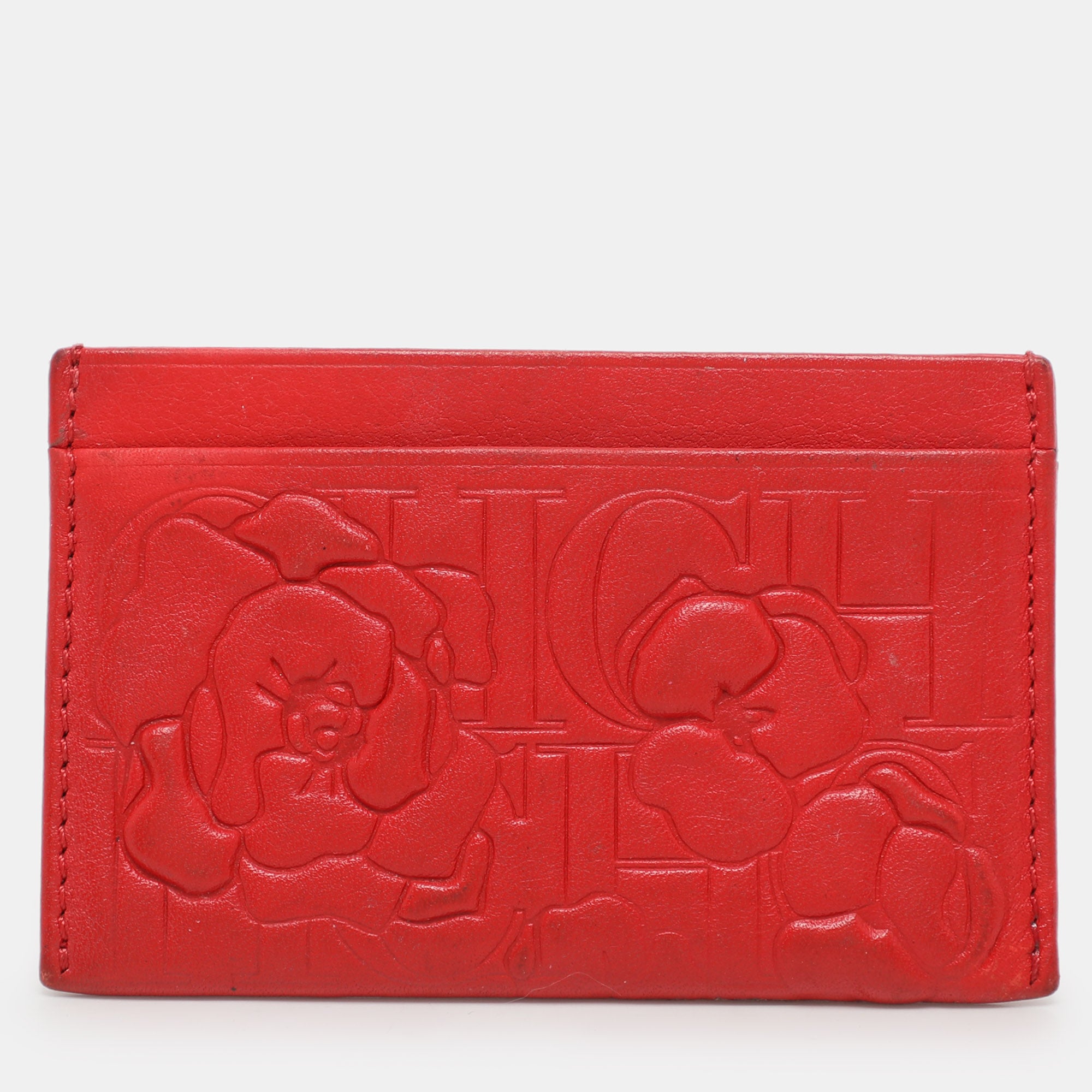 CH Carolina Herrera Red Monogram Embossed Leather Card Holder
