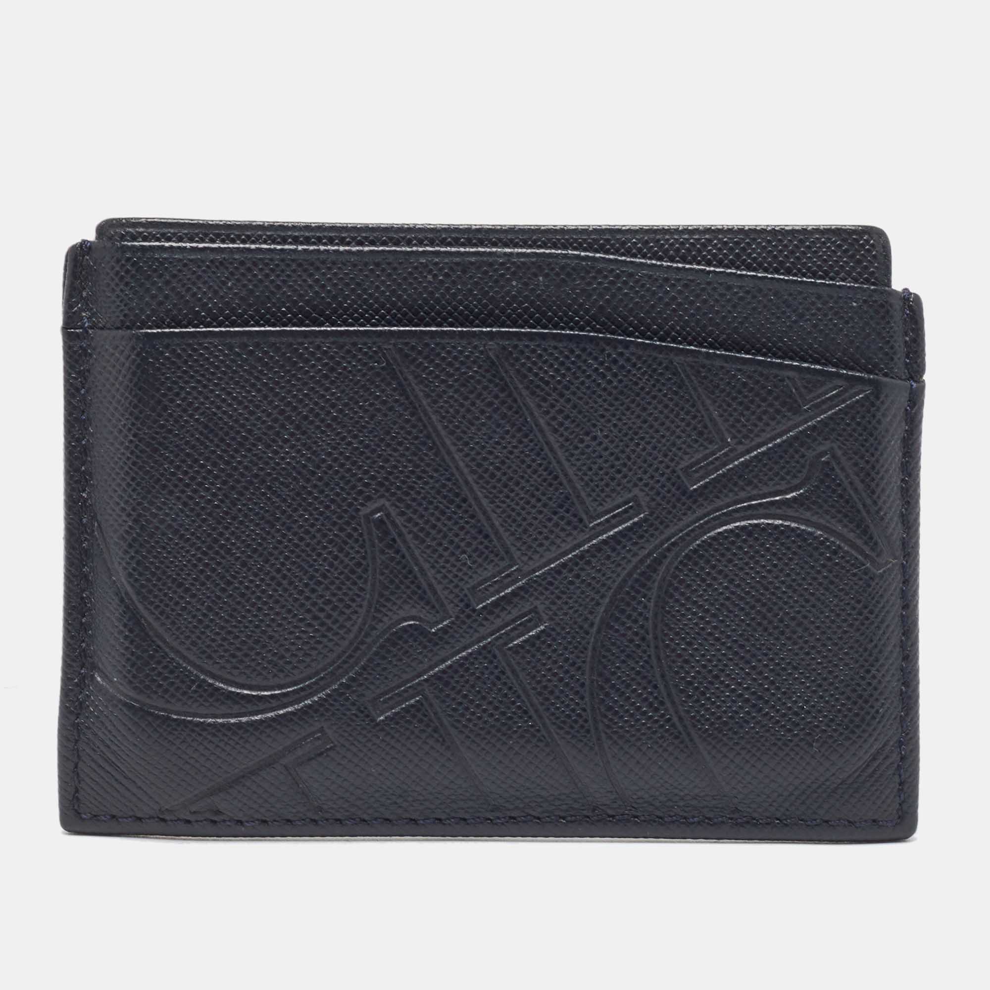 CH Carolina Herrera Dark Blue Monogram Embossed Leather Card Holder