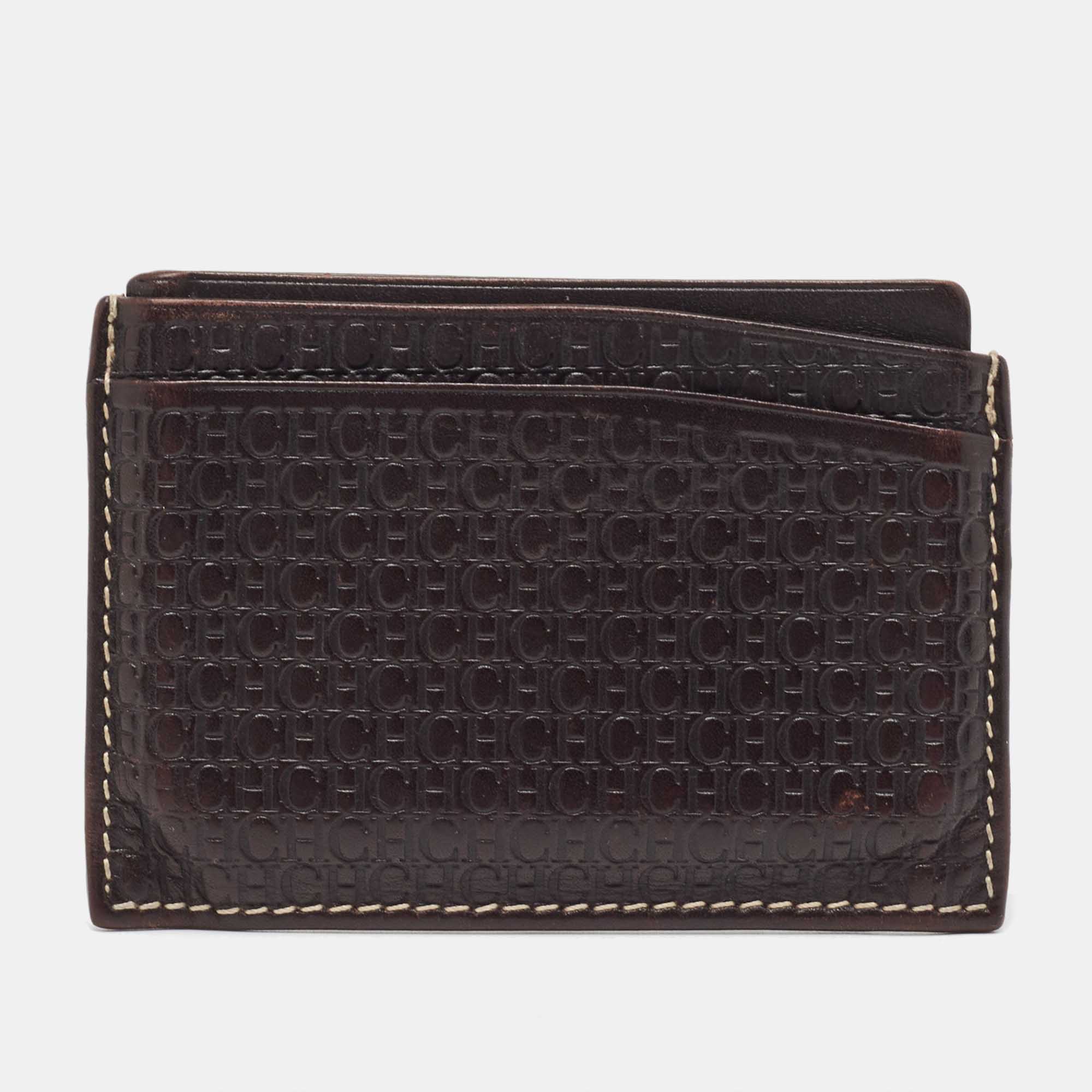 CH Carolina Herrera Dark Brown Monogram Leather Card Holder
