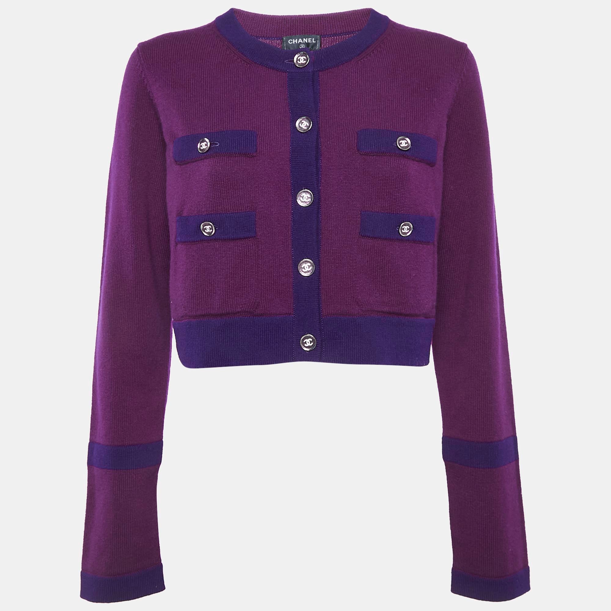 Chanel Purple Cashmere Button Front Cardigan L