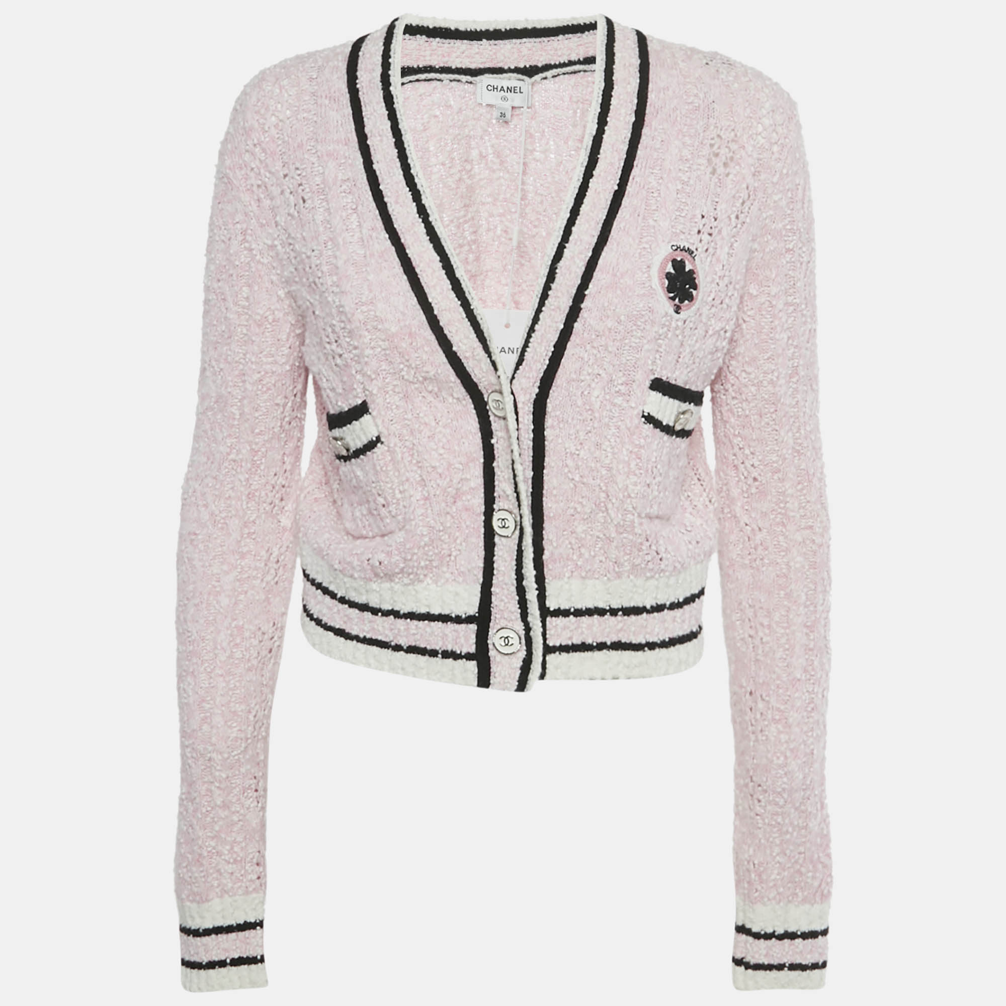 Chanel Pink Stretch Tweed Button Detail Cardigan S