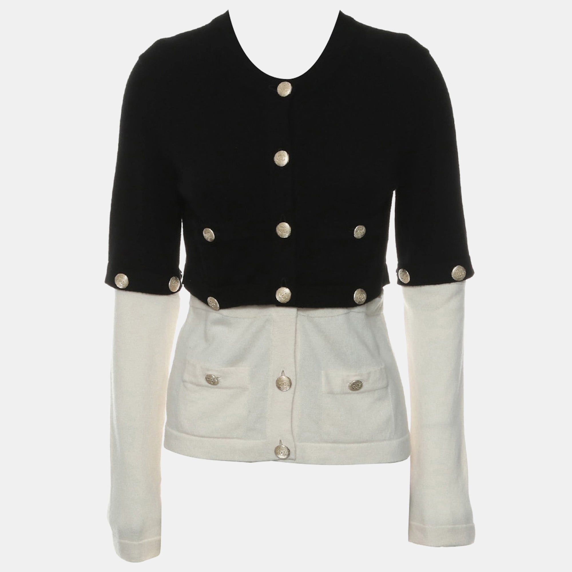 Chanel Black & Off-White Cashmere Detachable Buttoned Cardigan FR Women 36