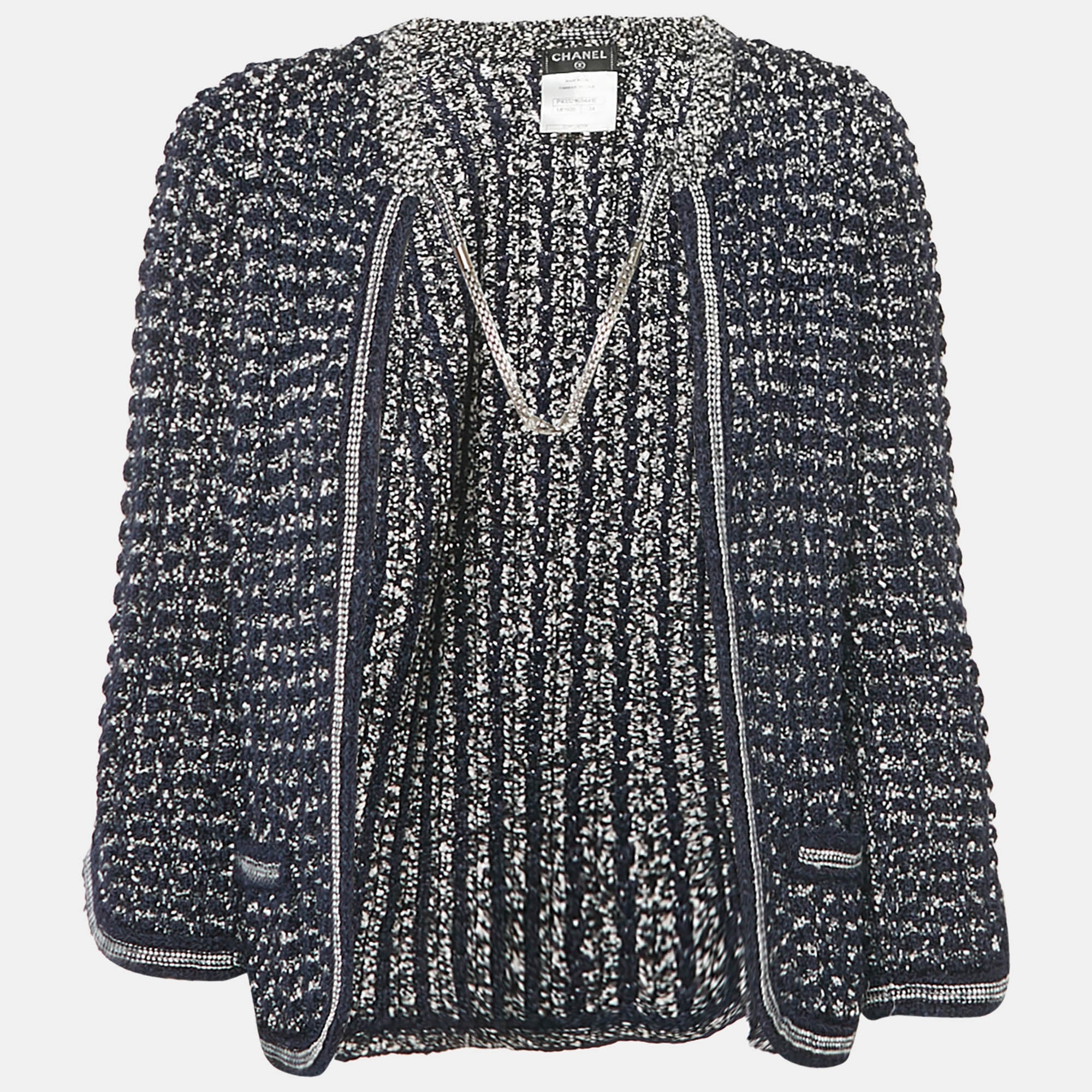 Chanel Navy Blue Crochet Knit Neck Chain Detail Cardigan S