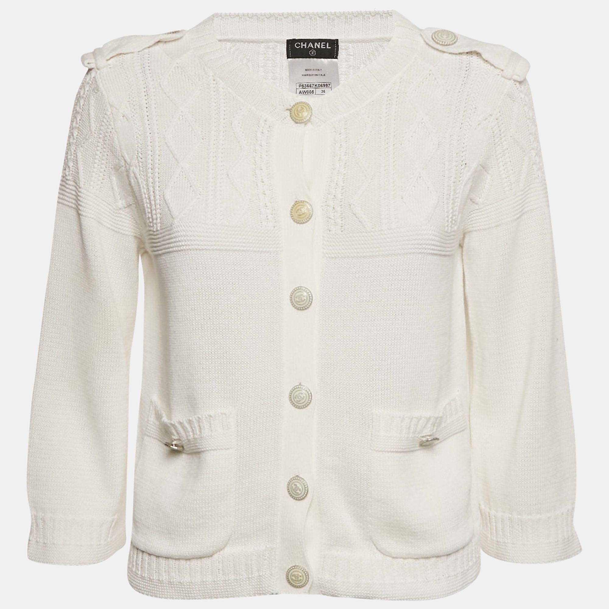 Chanel White Patterned Knit Button Front Cardigan S