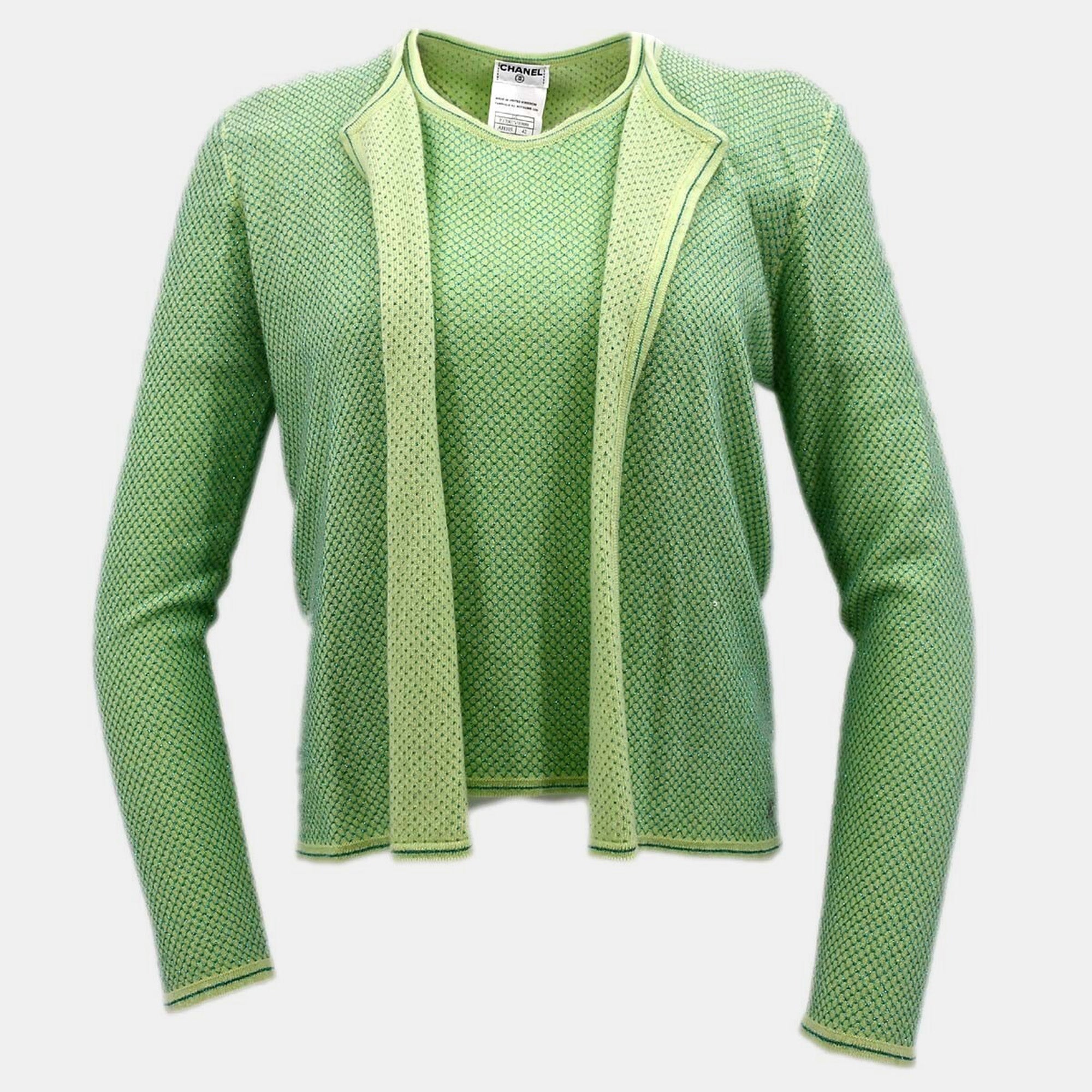 Chanel Ensemble Cardigan Short Sleeve Top Green #42