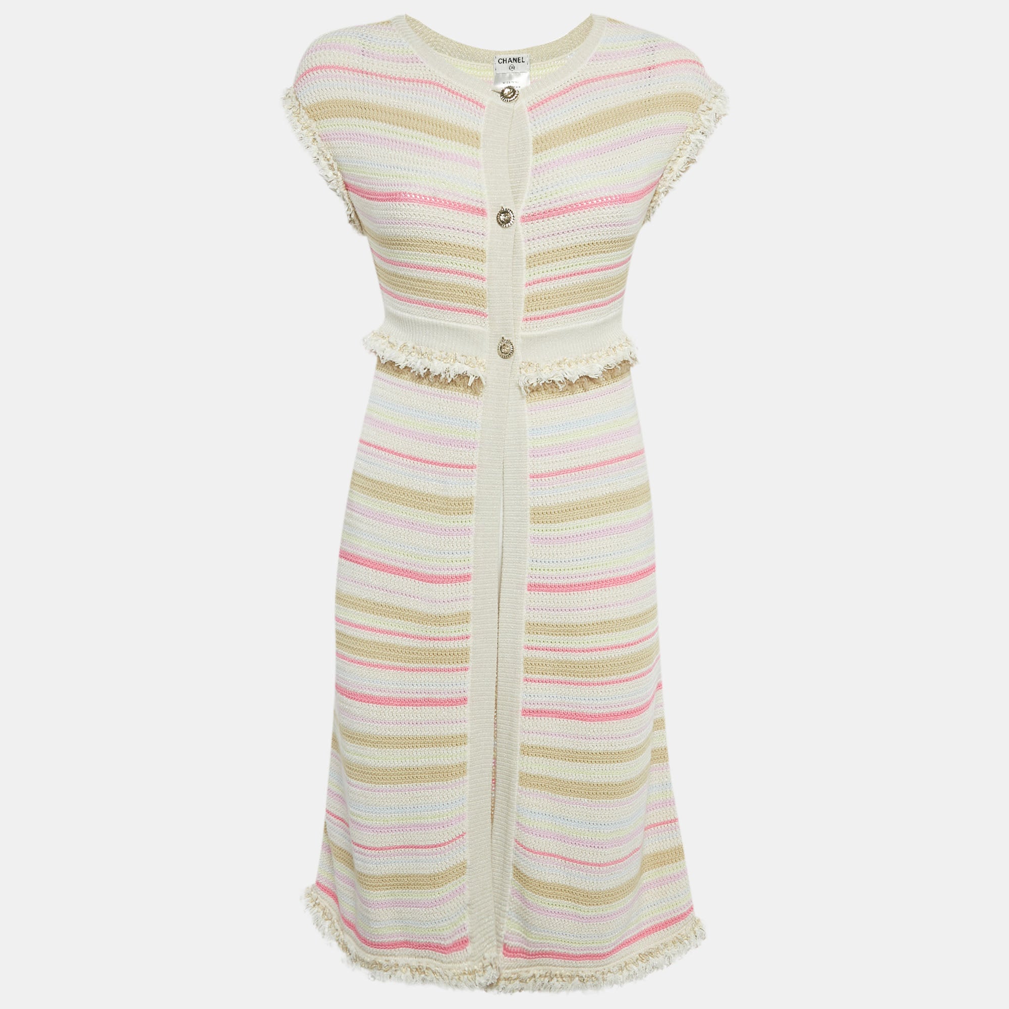 Chanel Cream-Pink Striped Knit Short Sleeve Cardigan S