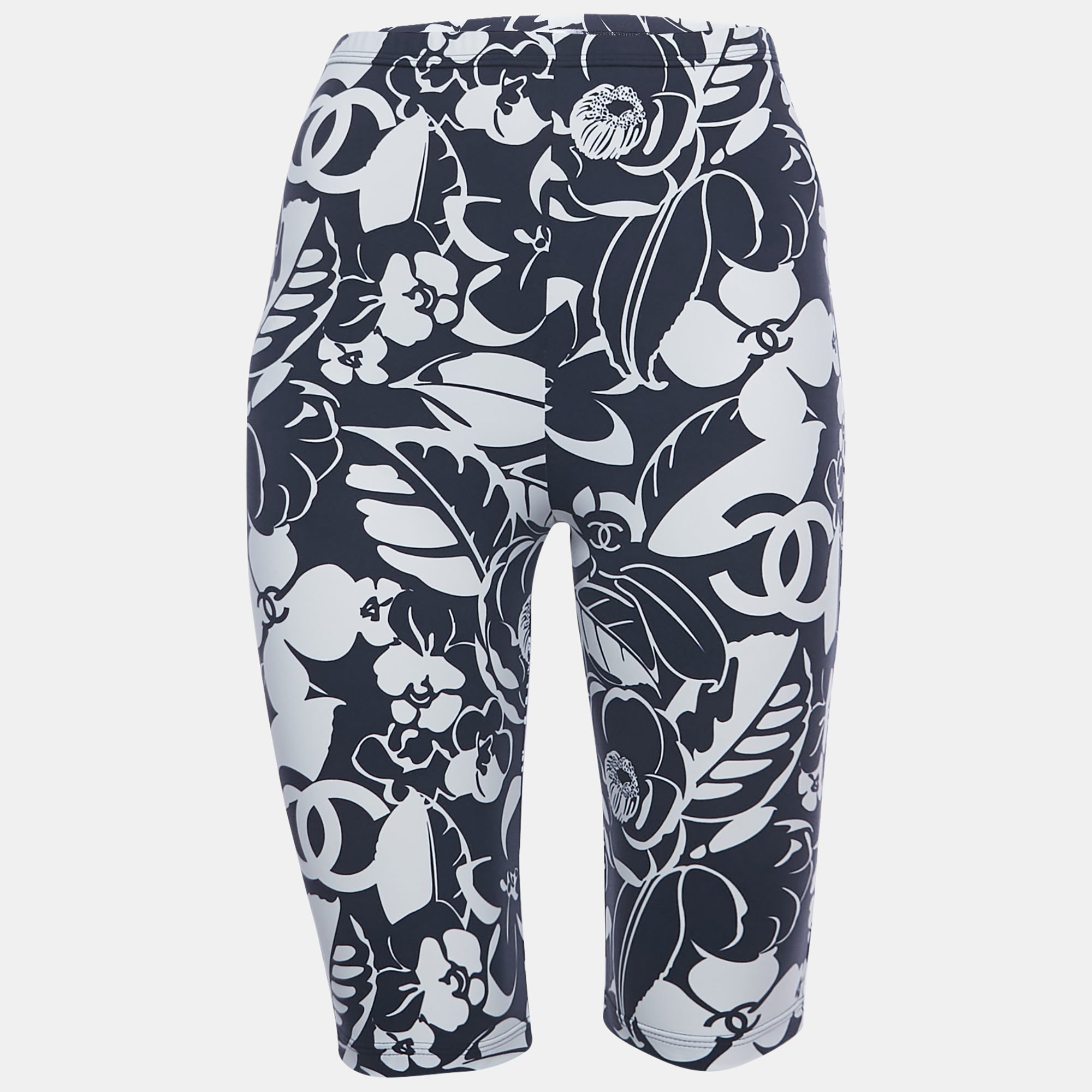 Chanel Navy Blue-White Floral Print Jersey Biker Shorts S