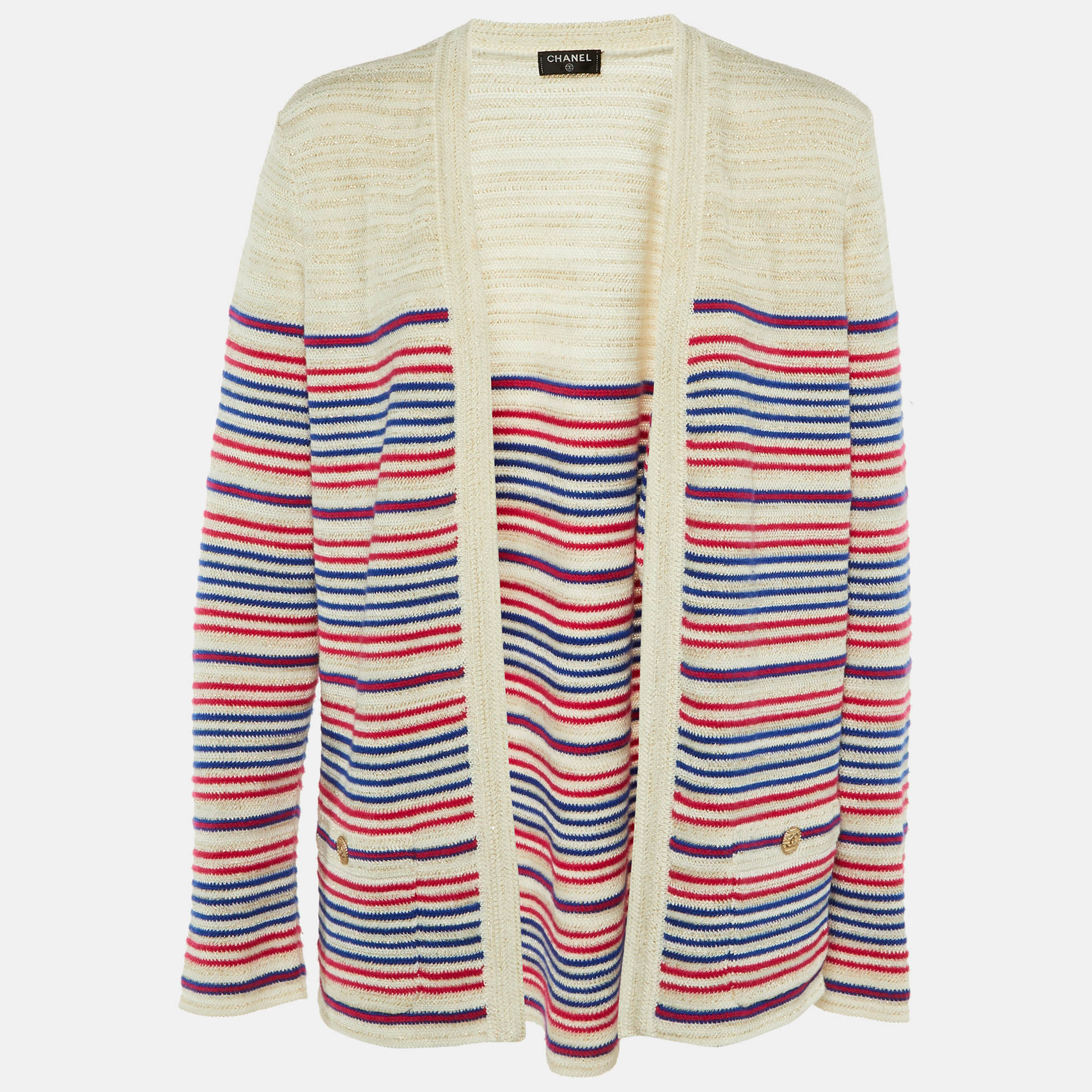 Chanel Ivory Striped Lurex Linen & Cashmere Open Front Cardigan XL