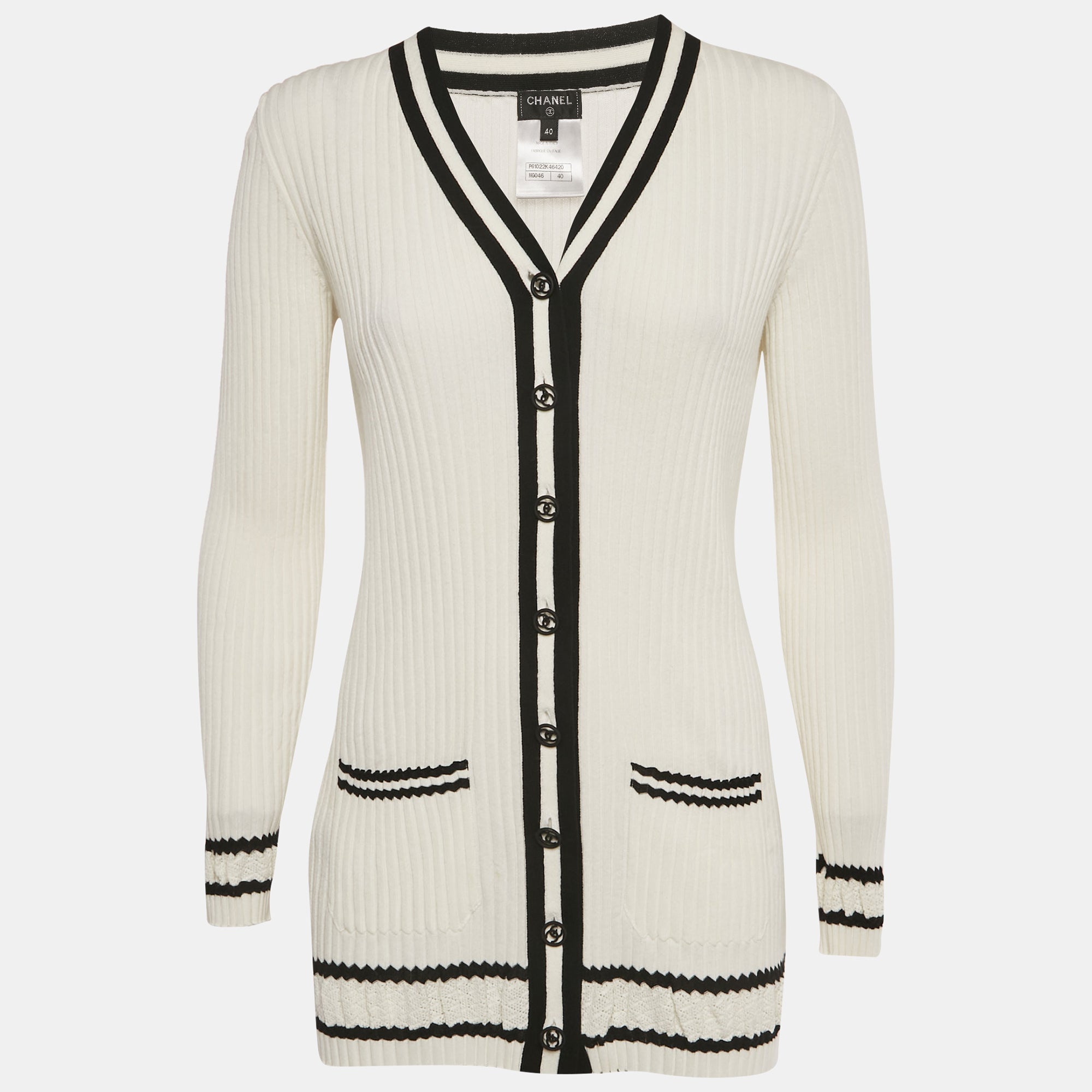 Chanel White Rib Knit Button Detail Cardigan M