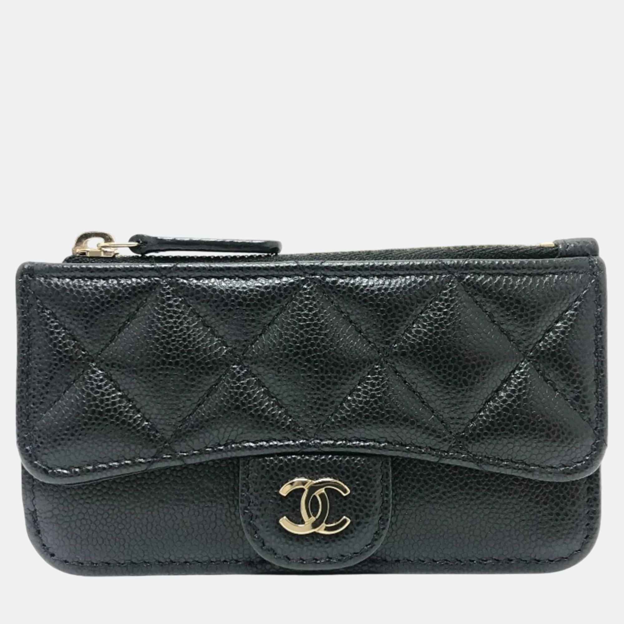 Chanel Black Caviar Skin Coco Mark Matelasse Classic Zip Business Card Holder