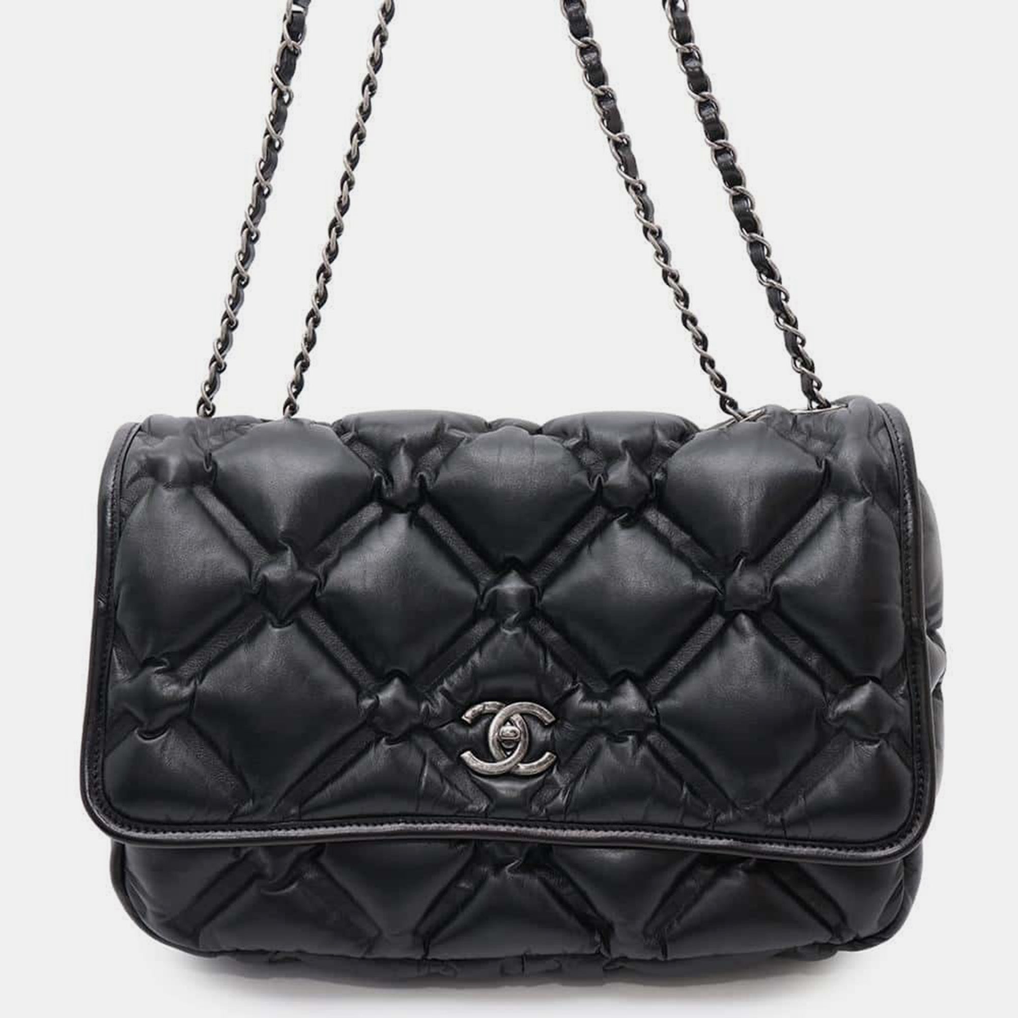 Chanel Black Lambskin Bubble Leather Chain Shoulder Bag