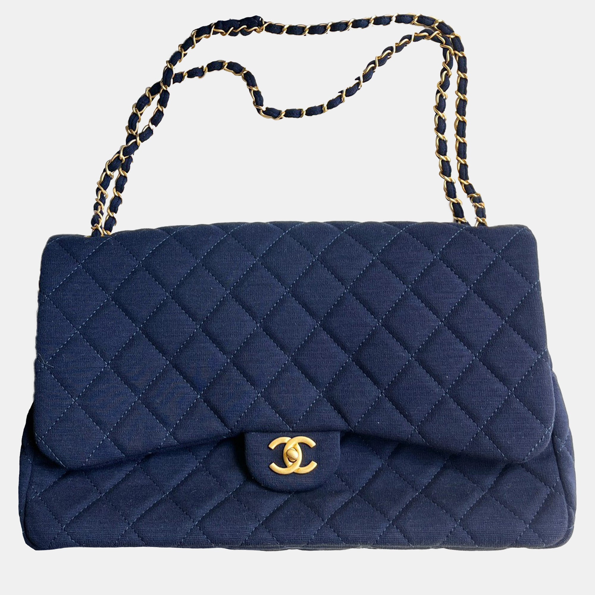 Chanel Blue Knit Microchip Version XXL Classic Flap Shoulder Bag