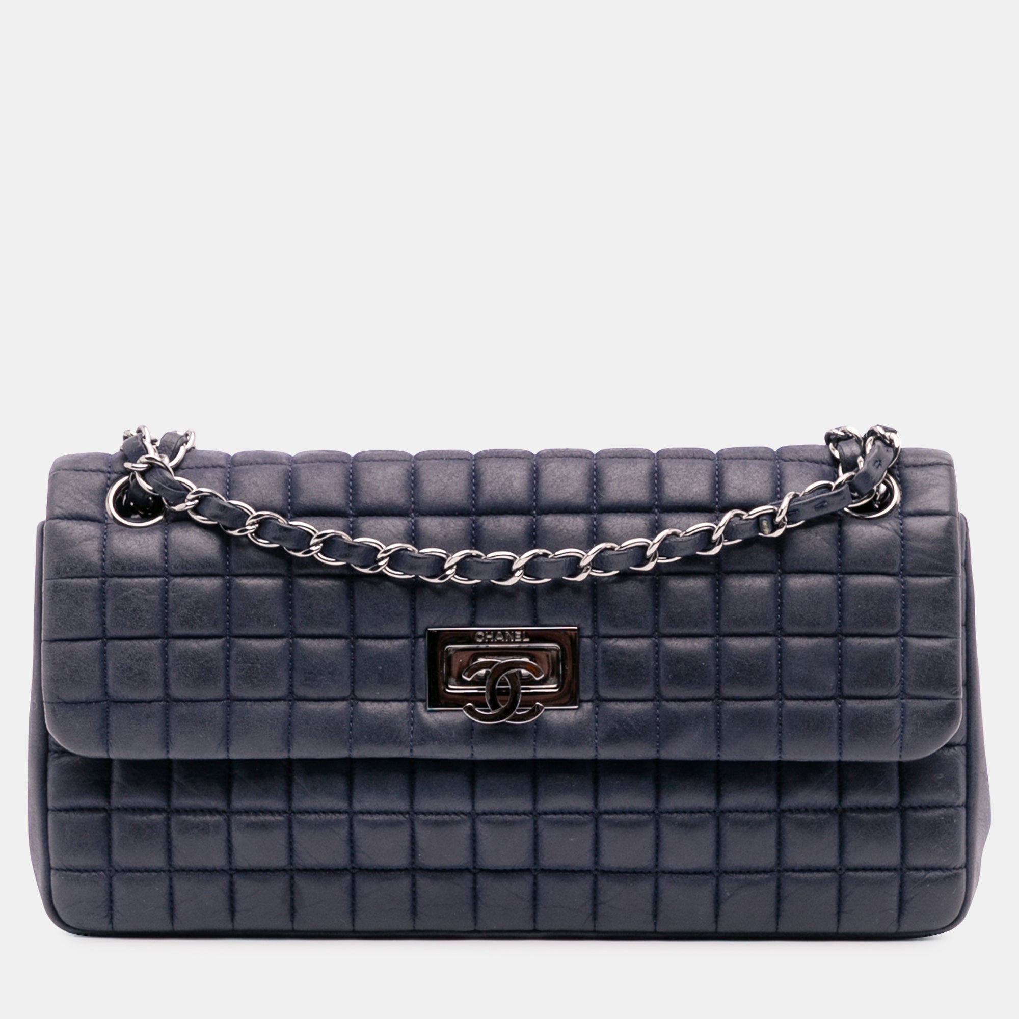 Chanel Blue Chocolate Bar Iridescent Calfskin Bubble Flap