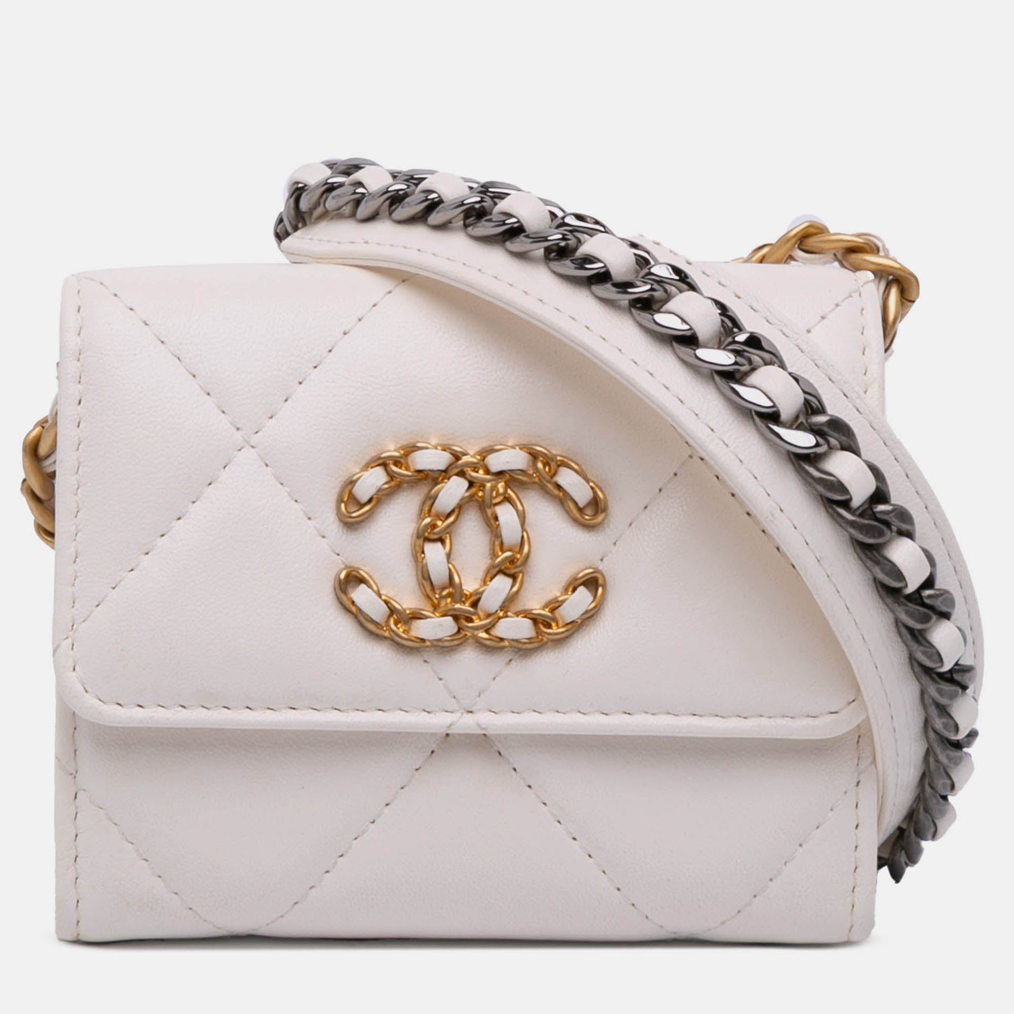 Chanel White Quilted Lambskin Chanel 19 Card Holder On Chain