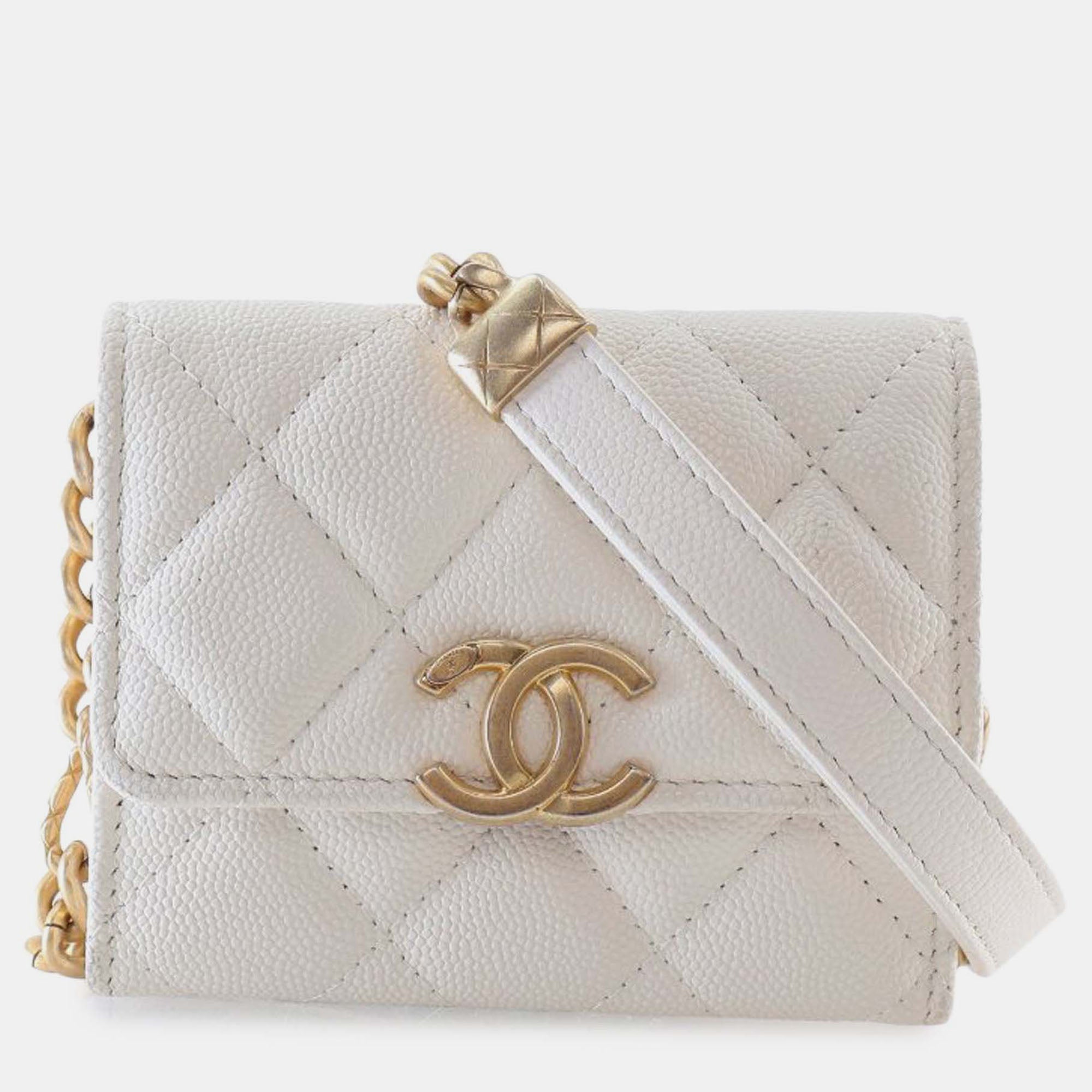 Chanel White Quilted Caviar Card Holder on Chain