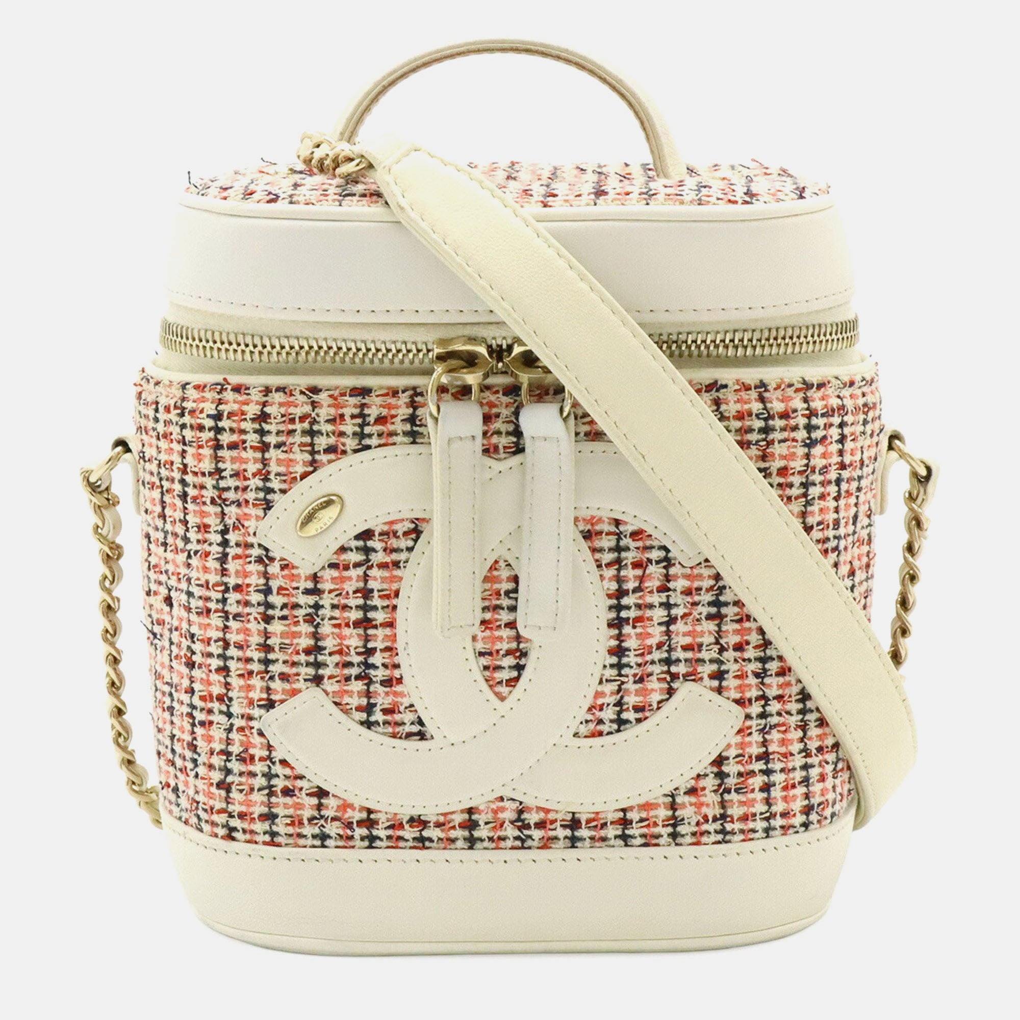 Chanel Cruise Line Coco Mark Vanity Case-Vanity Bag-Handbag-Chain Shoulder Bag In Tweed And White