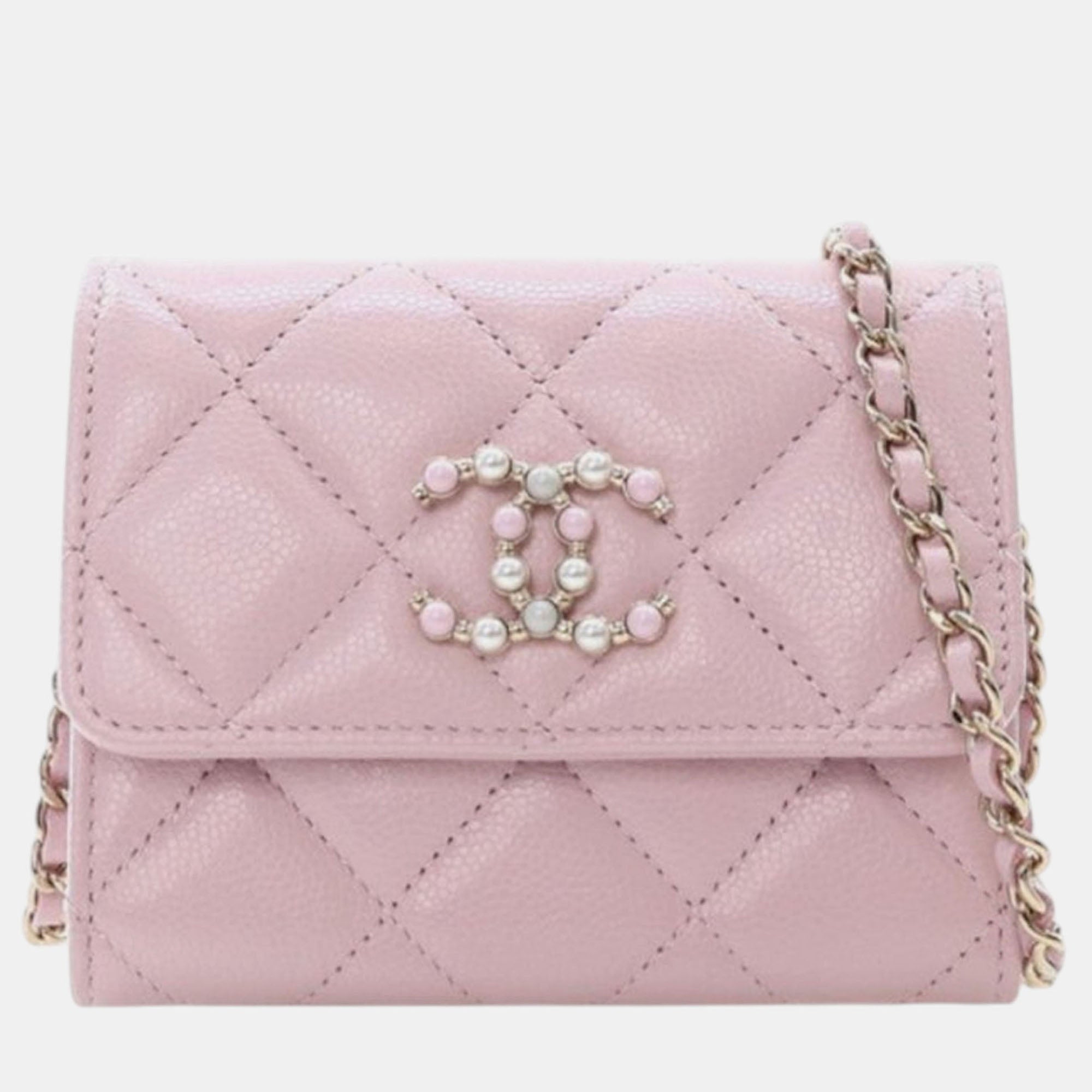 Chanel Pink Quilted Caviar Coco Candy Card Holder on Chain