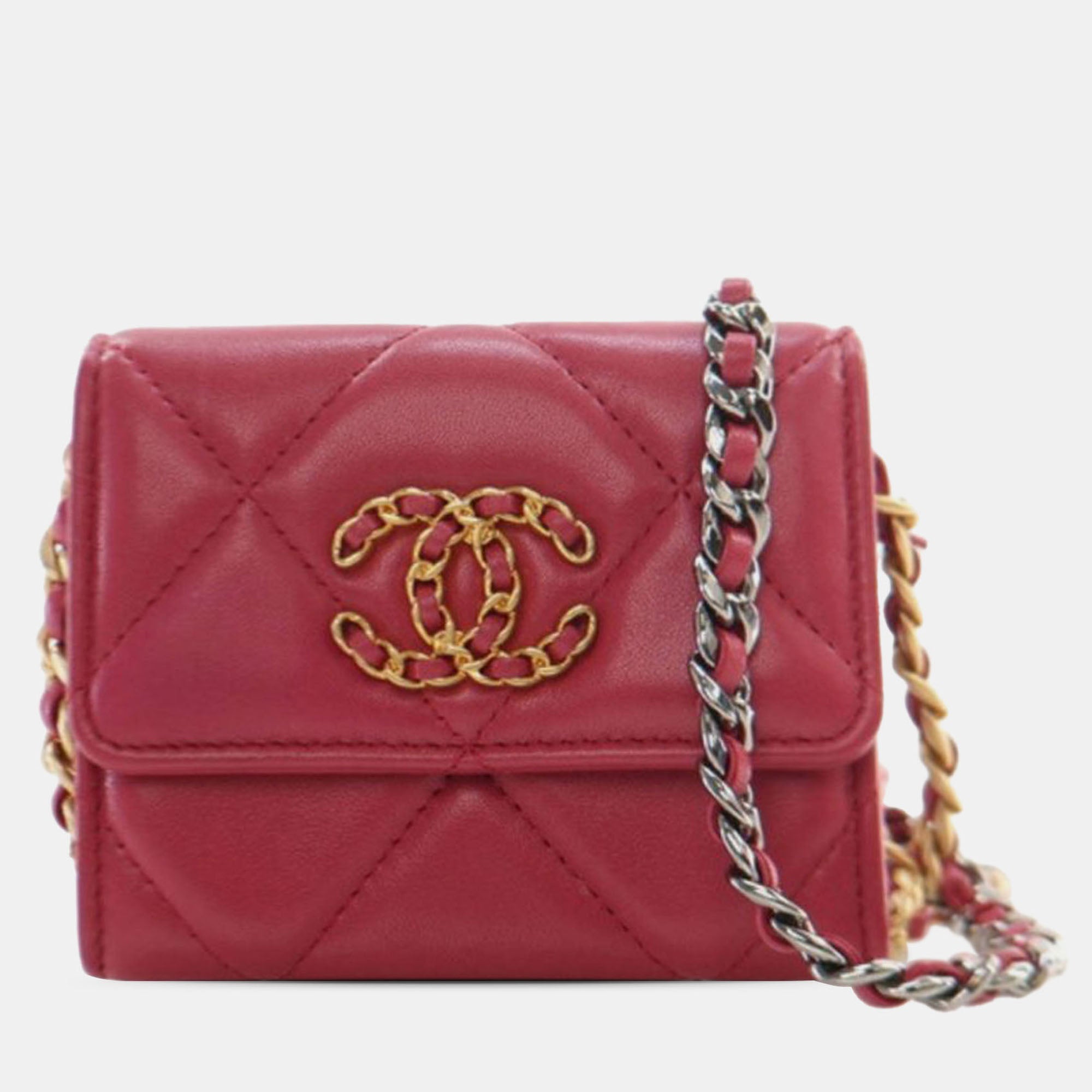 Chanel Red Quilted Lambskin Chanel 19 Card Holder On Chain