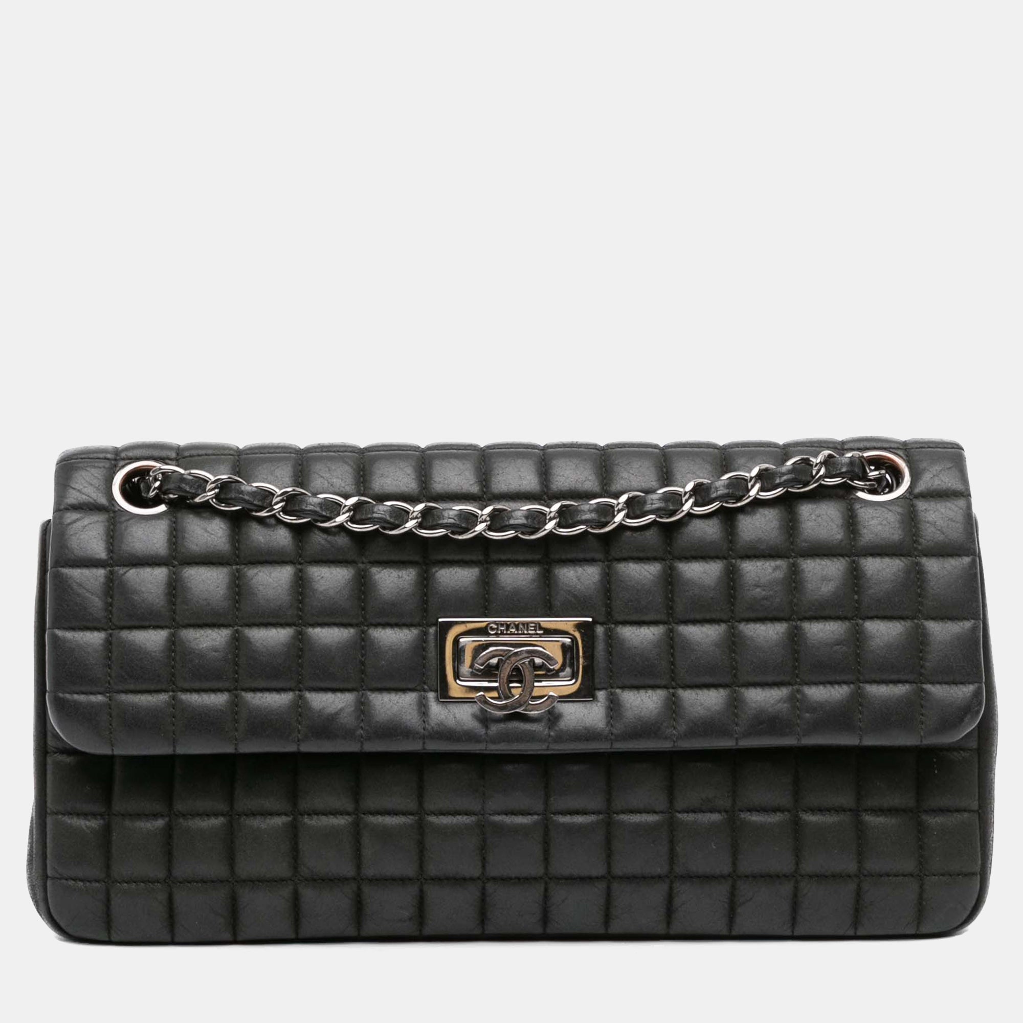 Chanel Black Chocolate Bar Iridescent Calfskin Bubble Flap