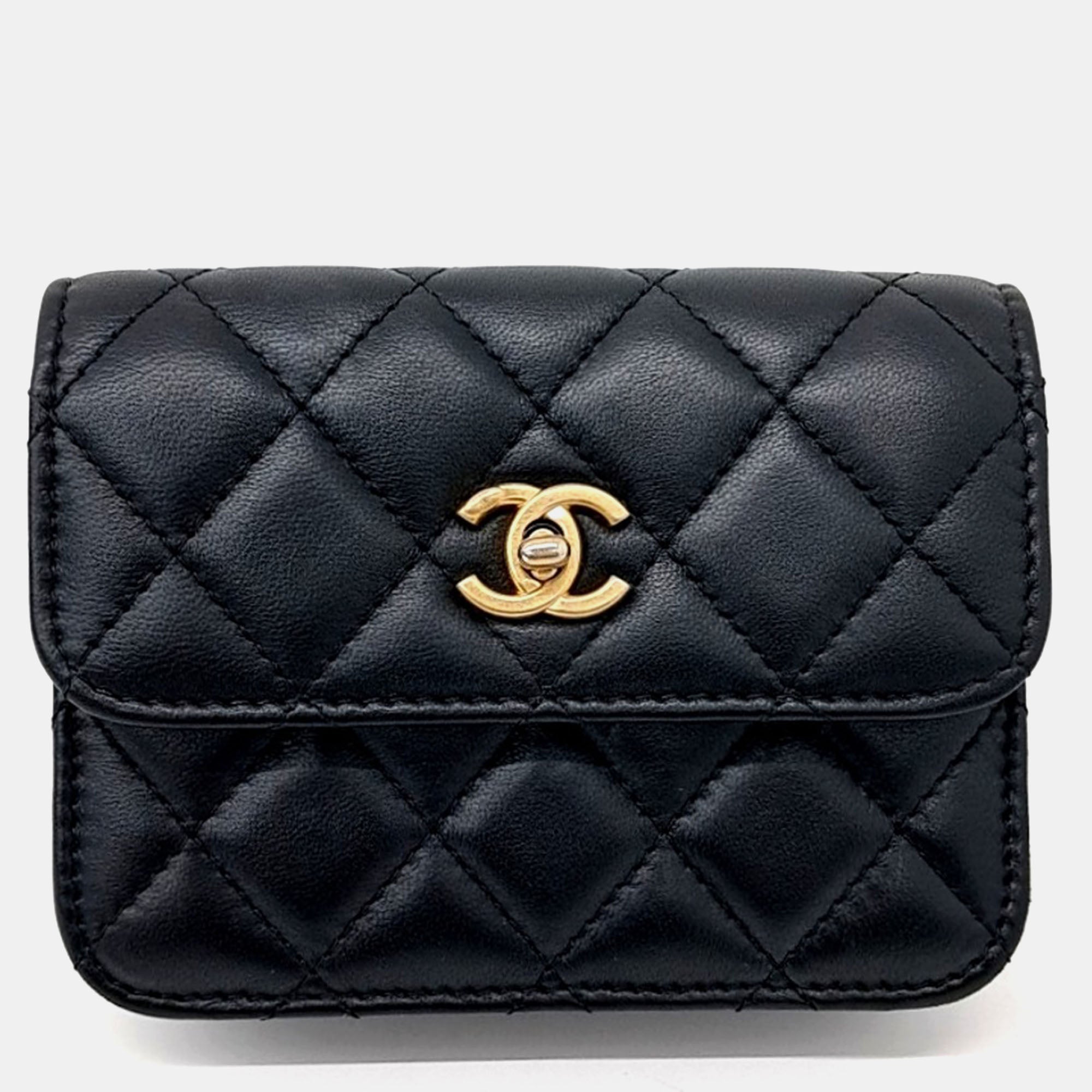 Chanel Black Leather Golden Ball Chain Card Holder