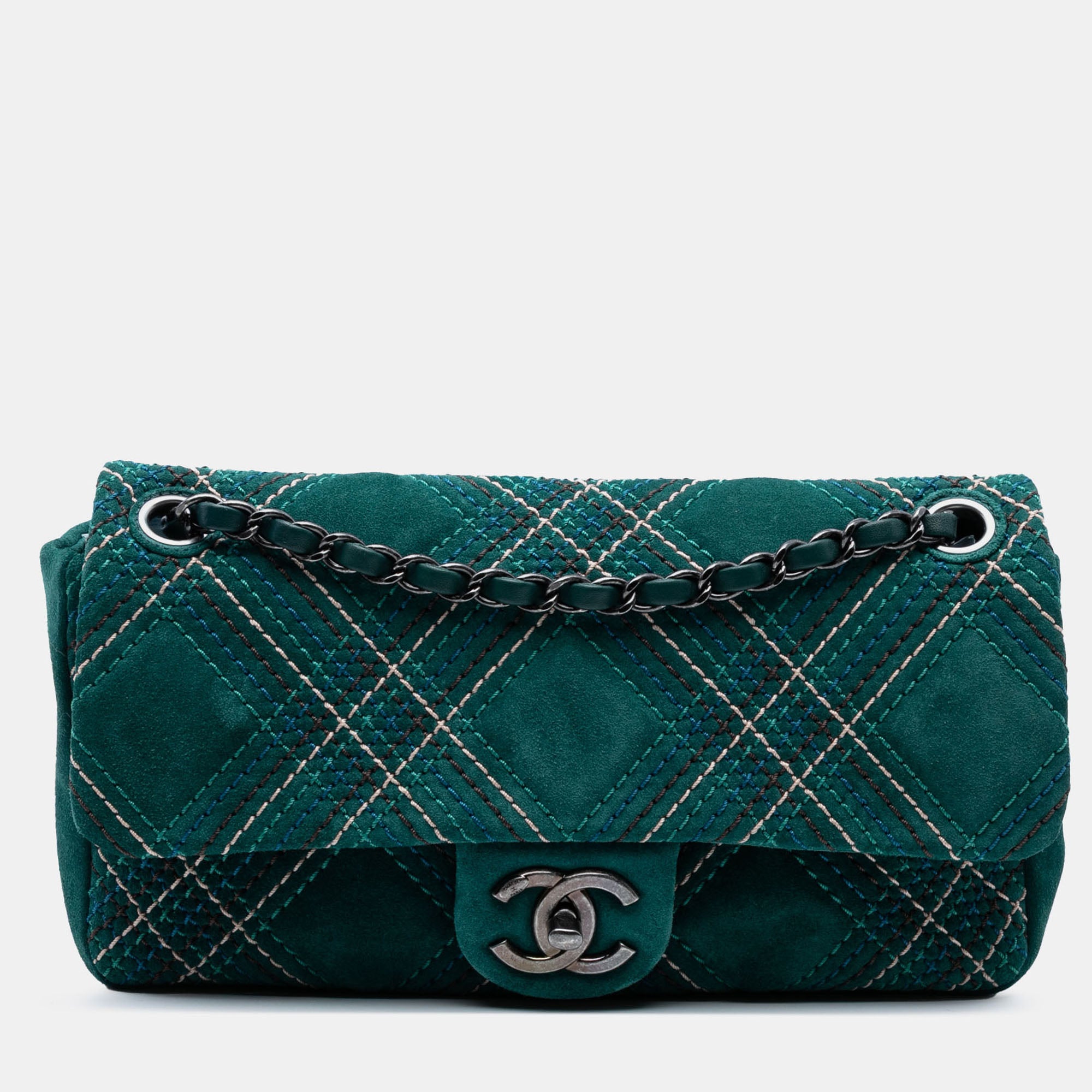 Chanel Green Paris Edinburgh Medium Stitched Suede Saltire Single Flap