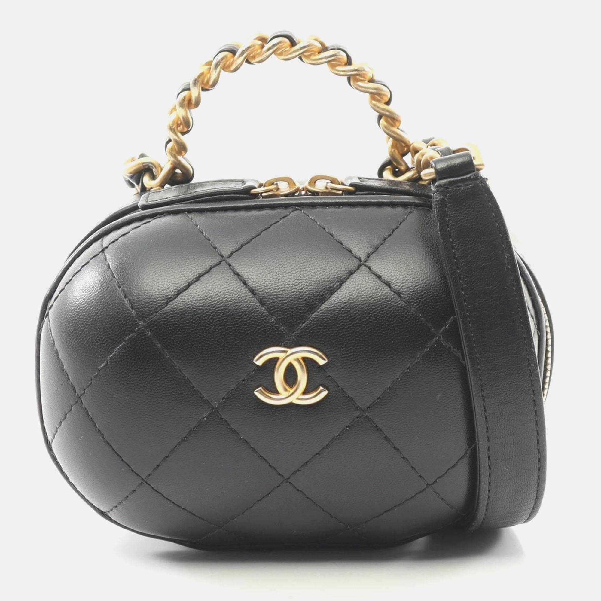 Chanel CC Bubble Black Lambskin Quilted Vanity Case With Chain