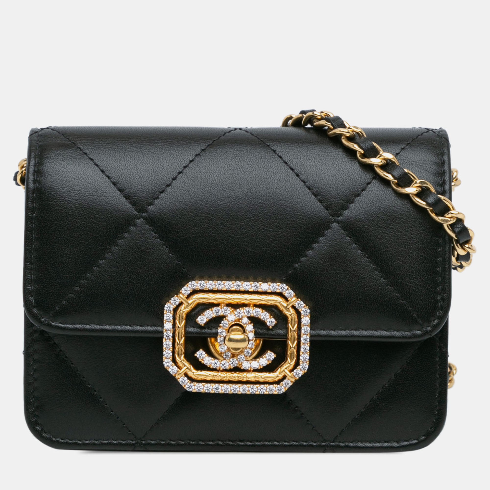Chanel Black Quilted Calfskin Strass Card Holder On Chain