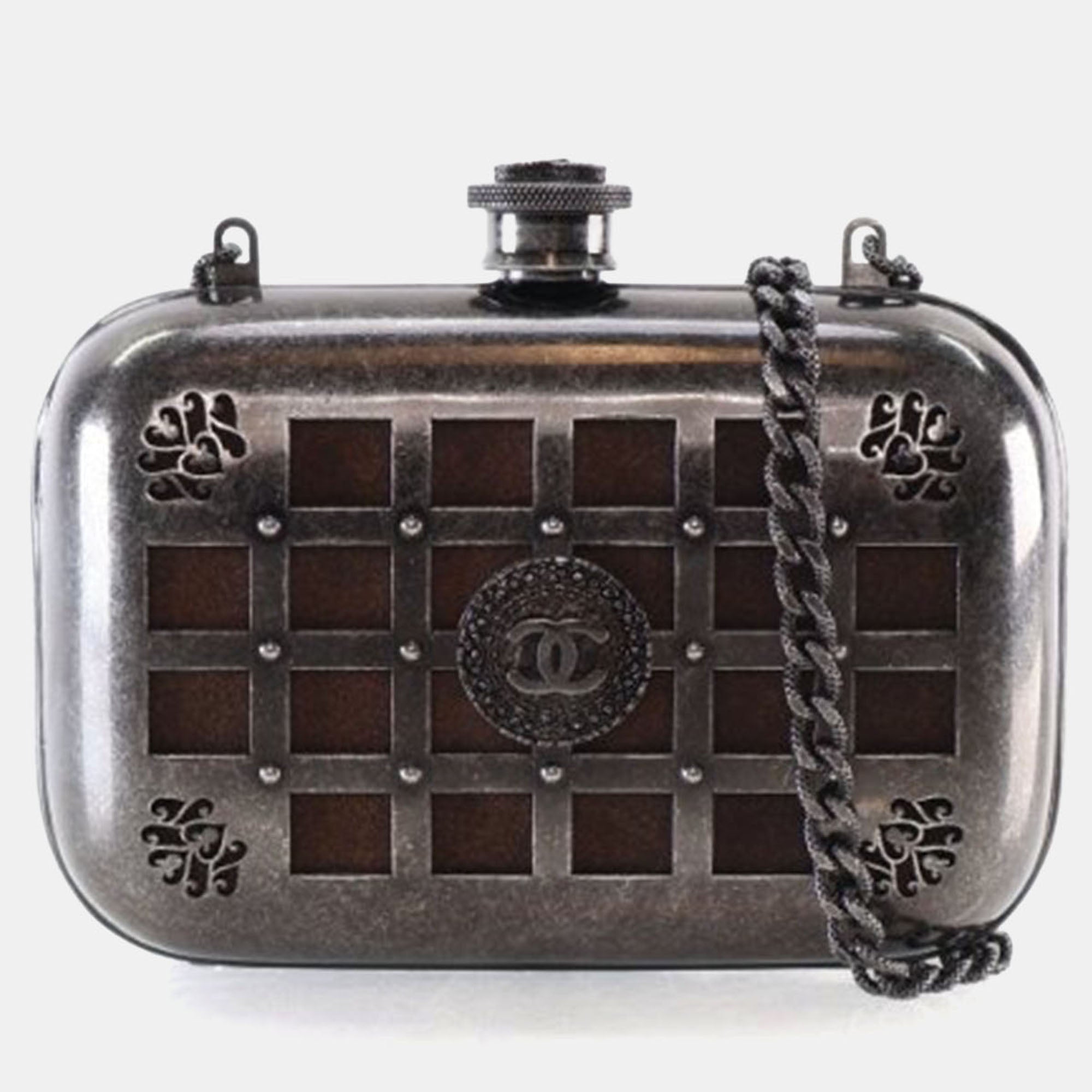 Chanel Mini Grey Gunmetal Grid Cage Clutch