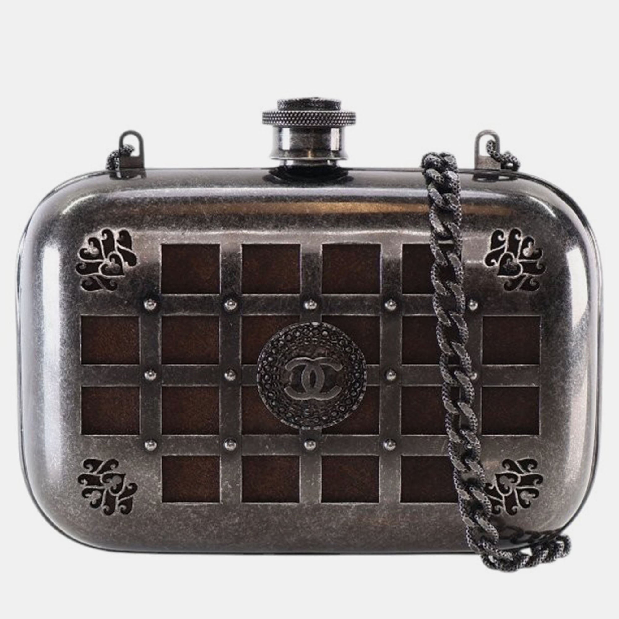Chanel Grey Paris Edinburgh Mini Gunmetal Grid Cage Clutch on Chain
