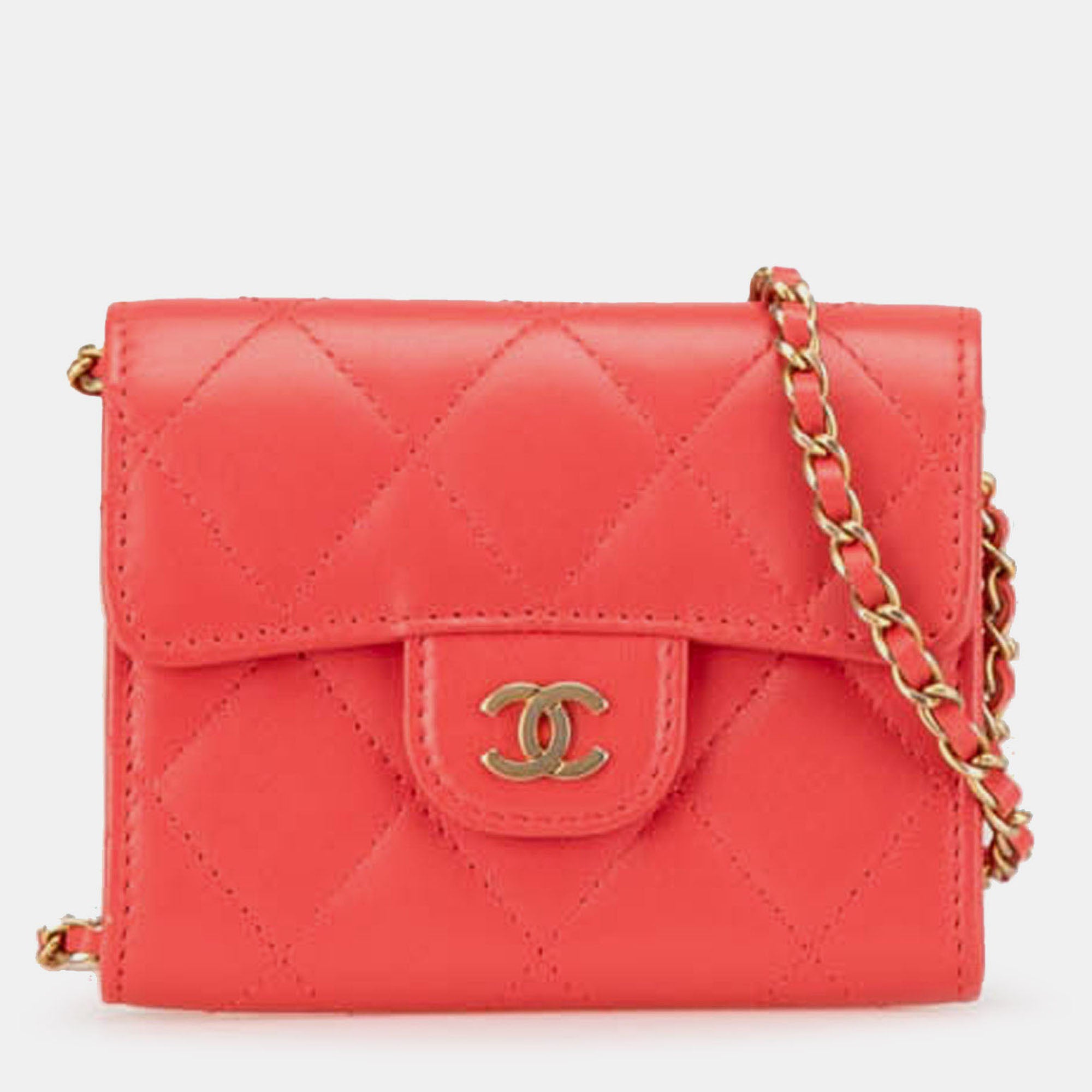 Chanel Red Quilted Lambskin Flap Card Holder on Chain