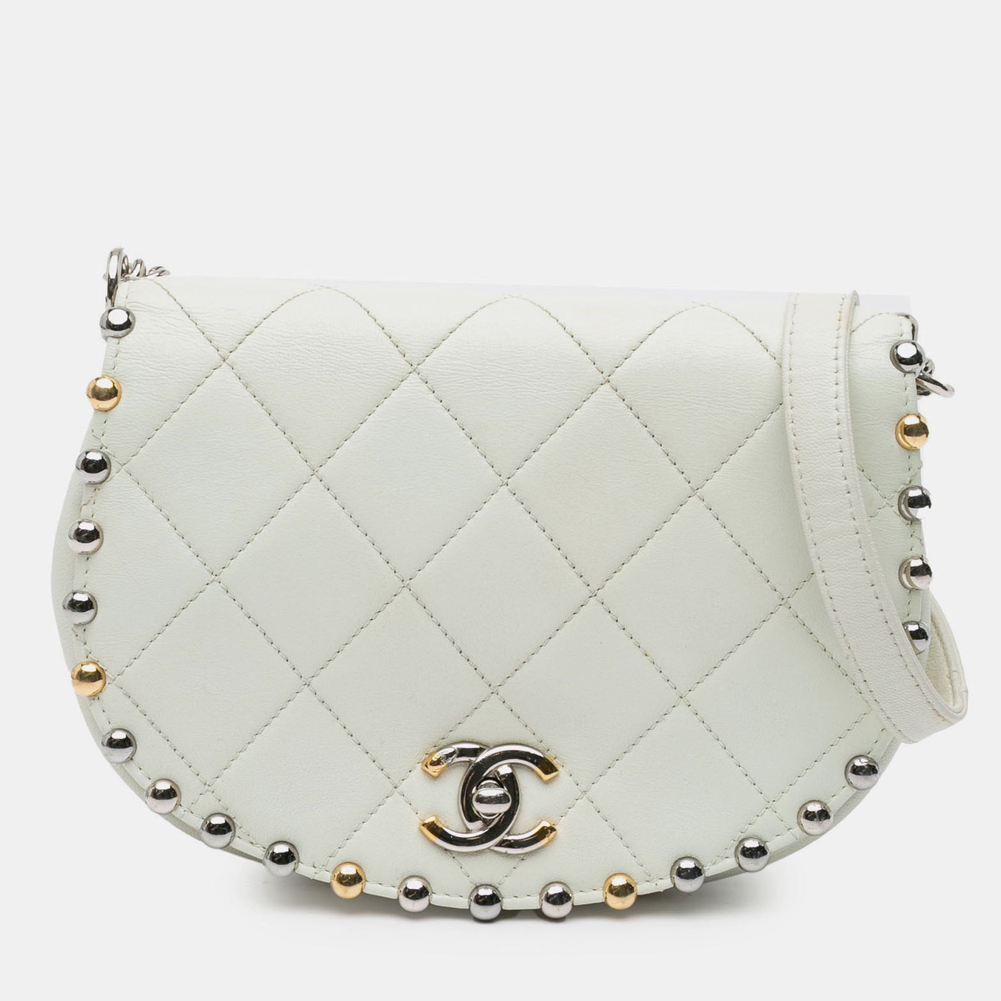Chanel White Small Quilted Lambskin Studded Bubble Flap
