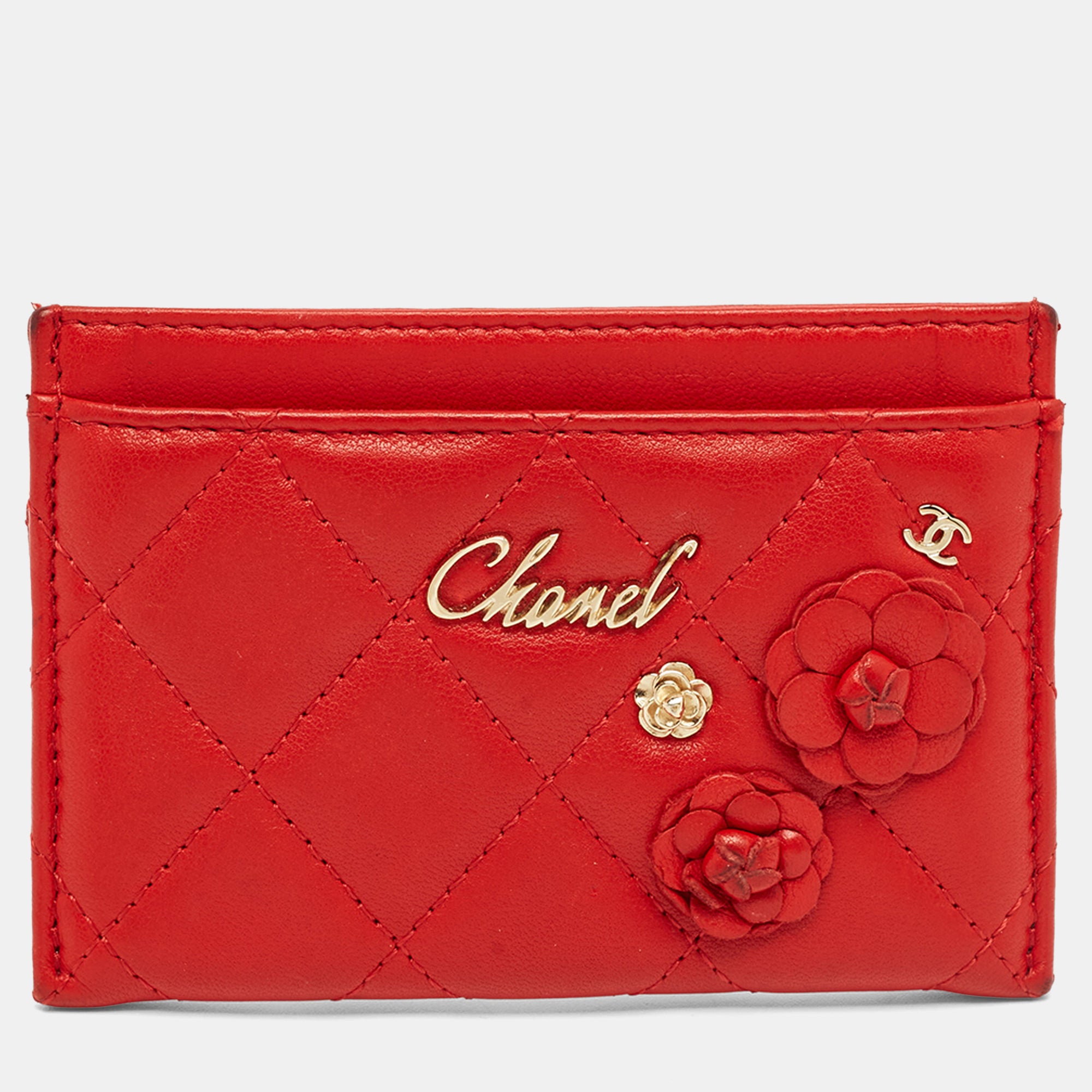 Chanel Red Quilted Leather CC Camelia Card Holder