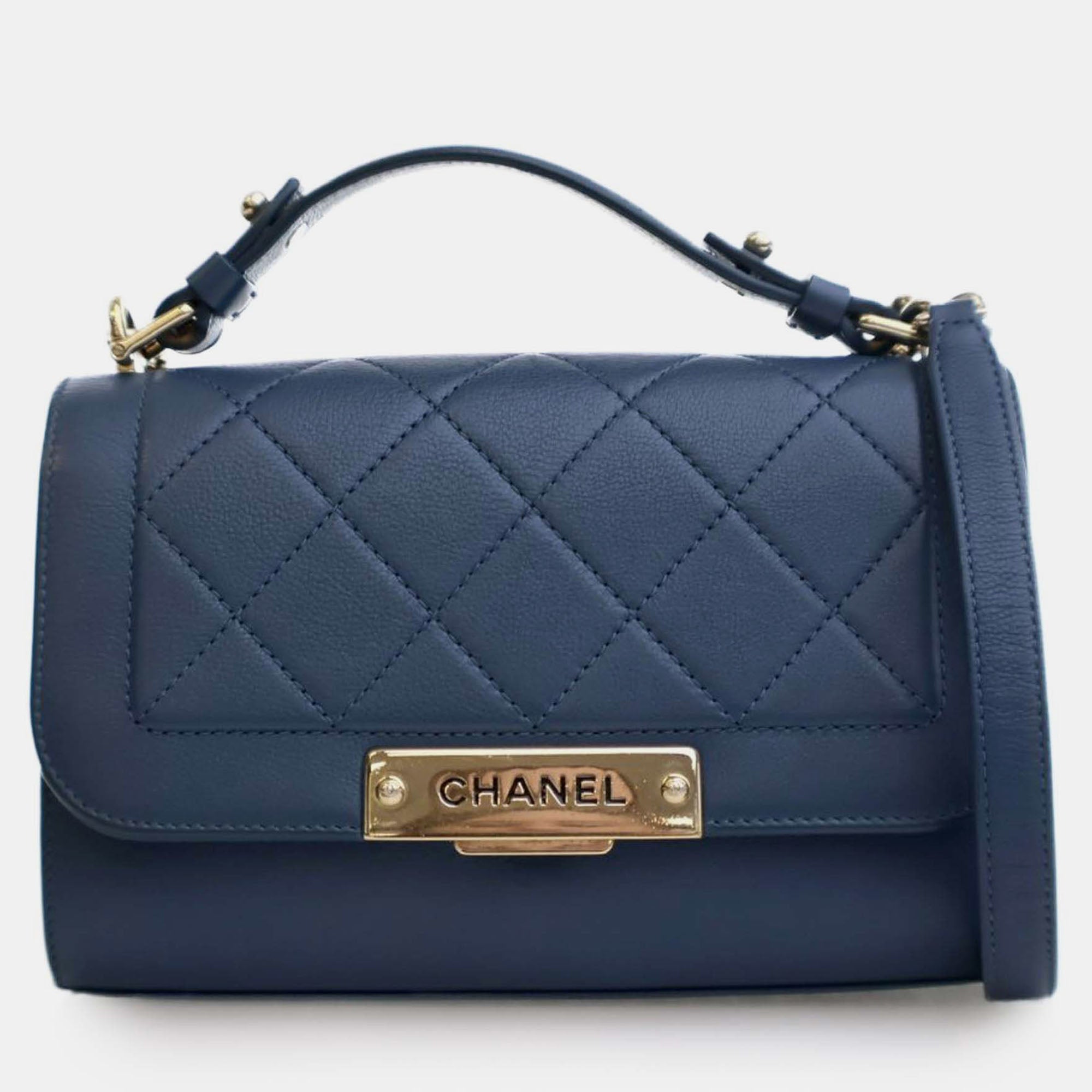 Chanel Blue Small Quilted Grained Calfskin Label Click Flap