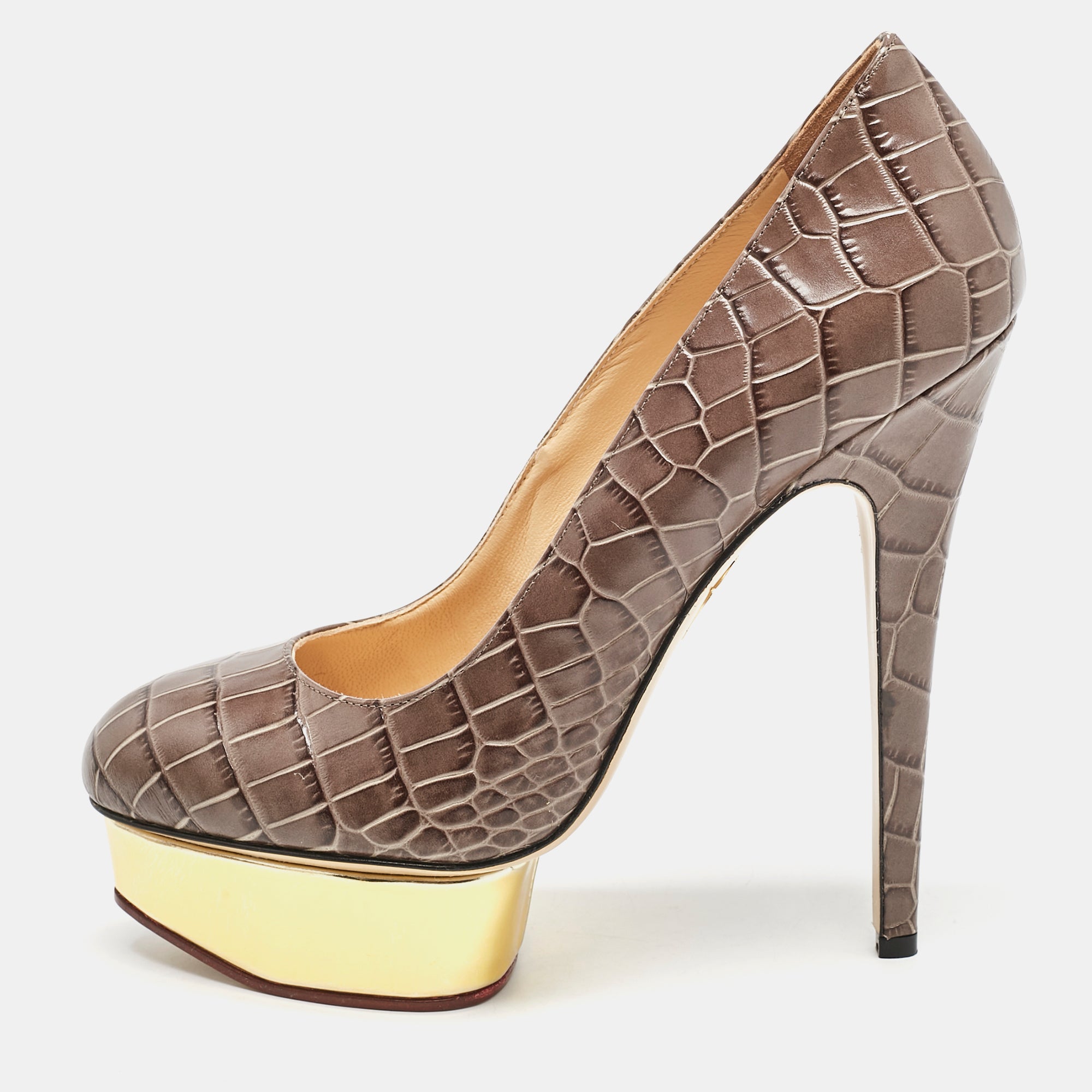 Charlotte Olympia Grey Croc Embossed Leather Dolly Platform Pumps Size 40