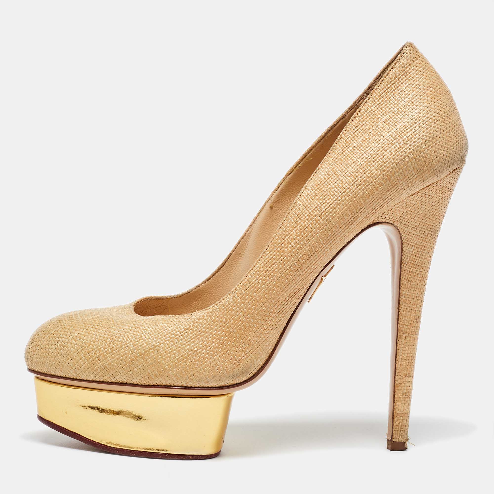 Charlotte Olympia Beige-Gold Raffia and Leather Dolly Platform Pumps Size 41
