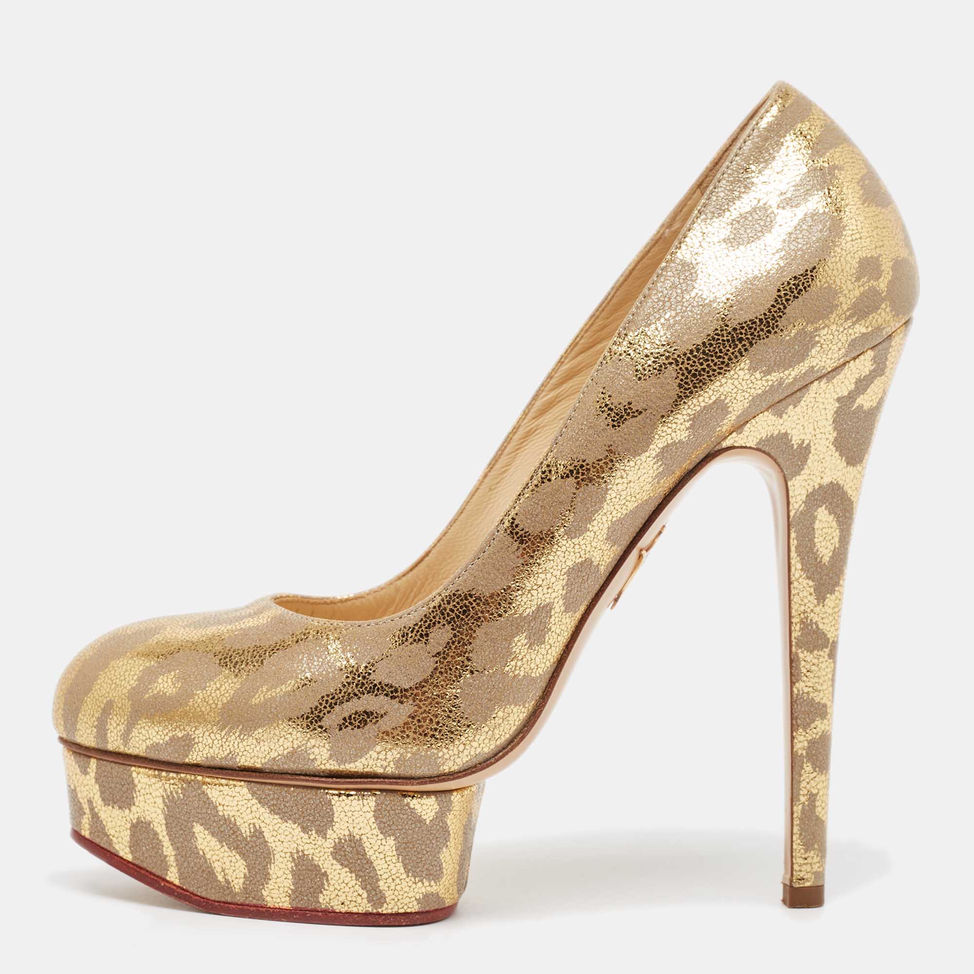 Charlotte Olympia Gold-Grey Leather Dolly Platform Pumps Size 37.5