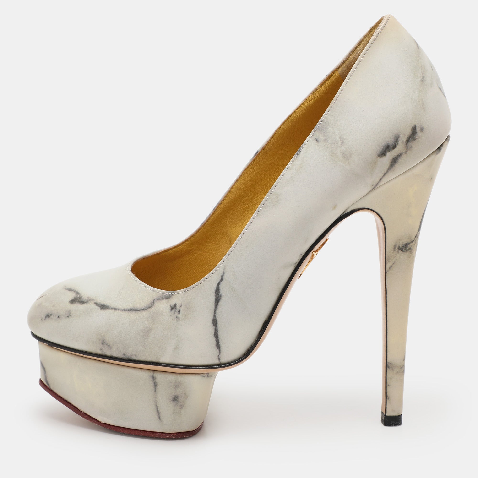 Charlotte Olympia White-Grey Marble-Print Leather Dolly Pumps Size 36