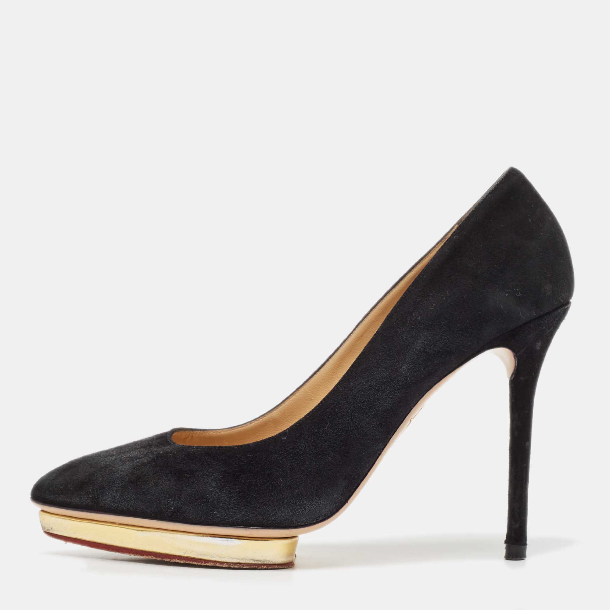 Charlotte Olympia Black Suede Dolly Platform Pumps Size 39