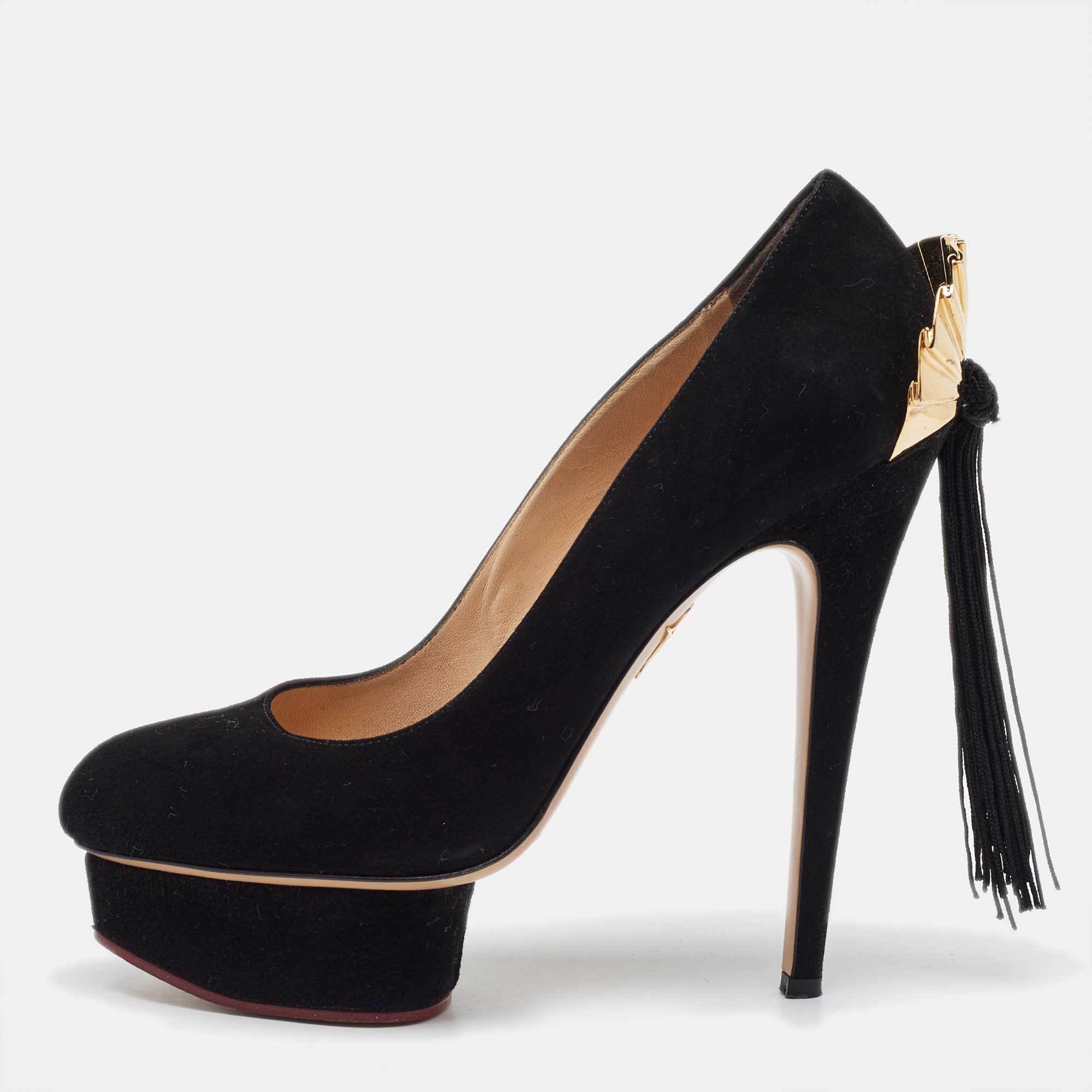 Charlotte Olympia Black Suede Dolly Tassel Detail Platform Pumps Size 39